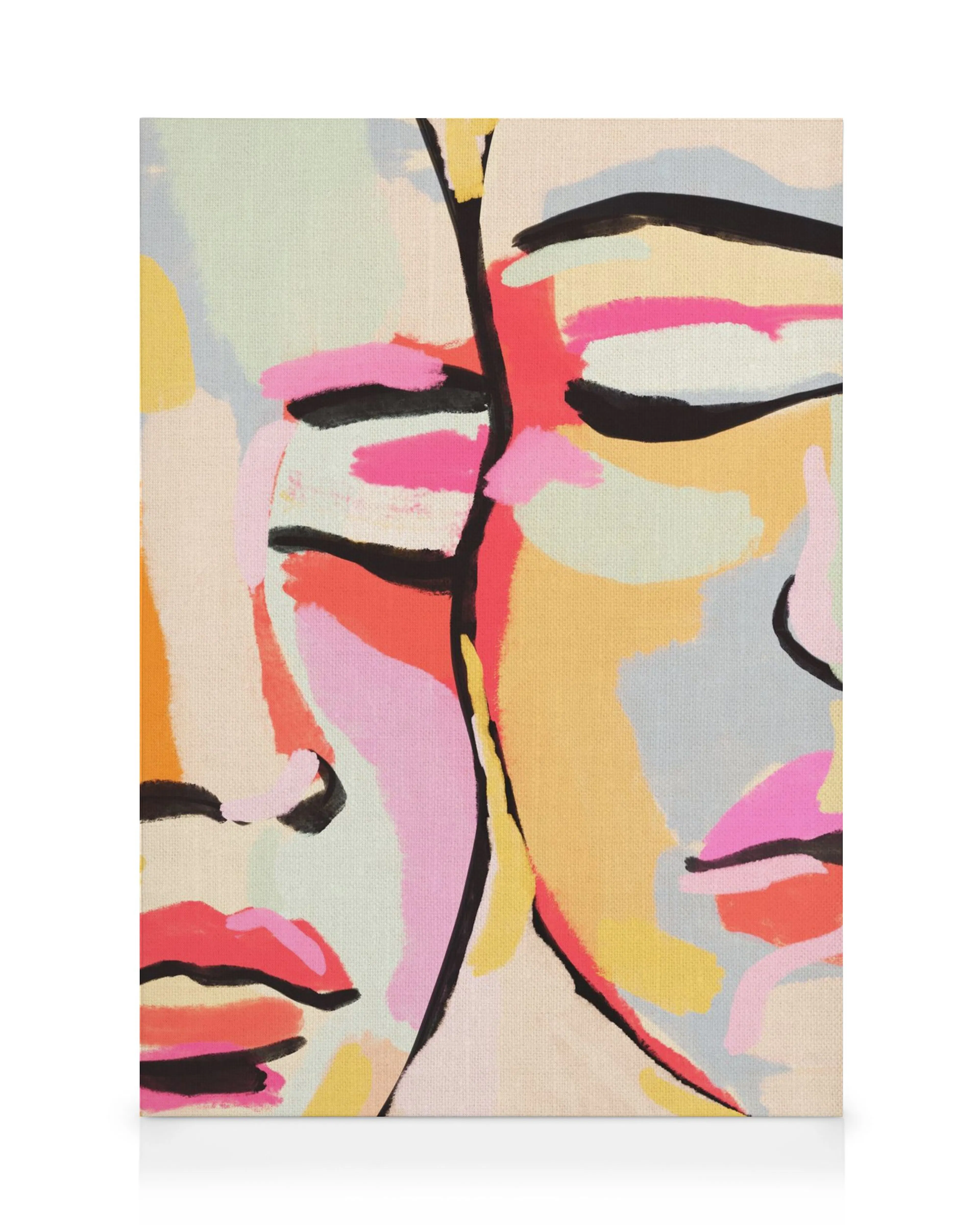 Toile abstraite avec des visages colorés en rose, jaune et bleu, pour une décoration murale moderne