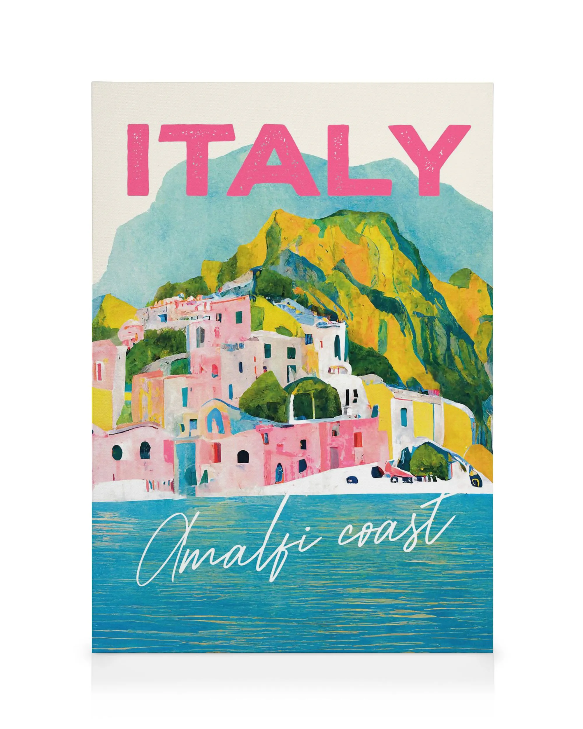 Vibrant pastel painting of Italys Amalfi Coast with colourful houses on a hillside and blue water. Ideal canvas print for travel