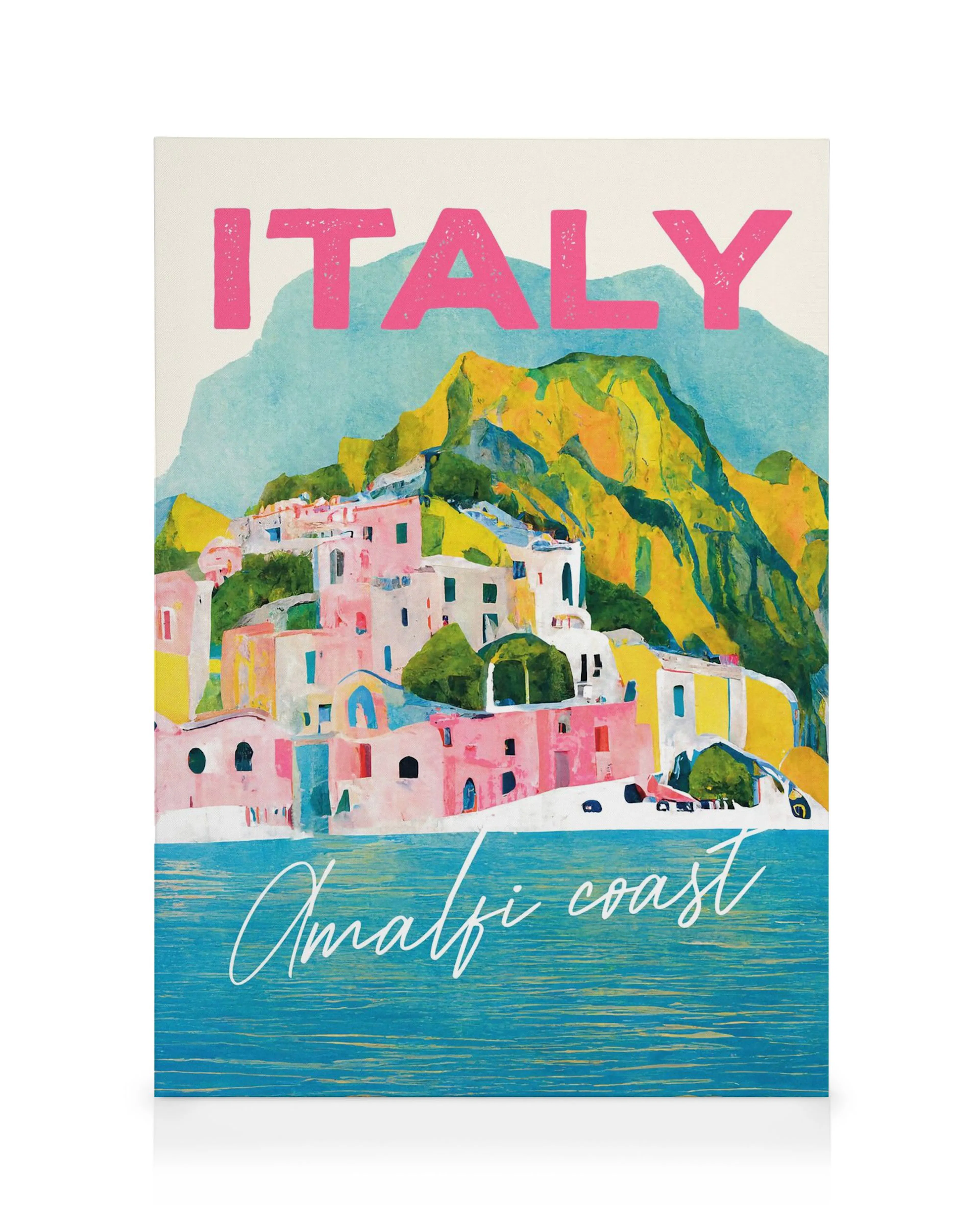 Vibrant pastel painting of Italys Amalfi Coast with colourful houses on a hillside and blue water. Ideal canvas print for travel