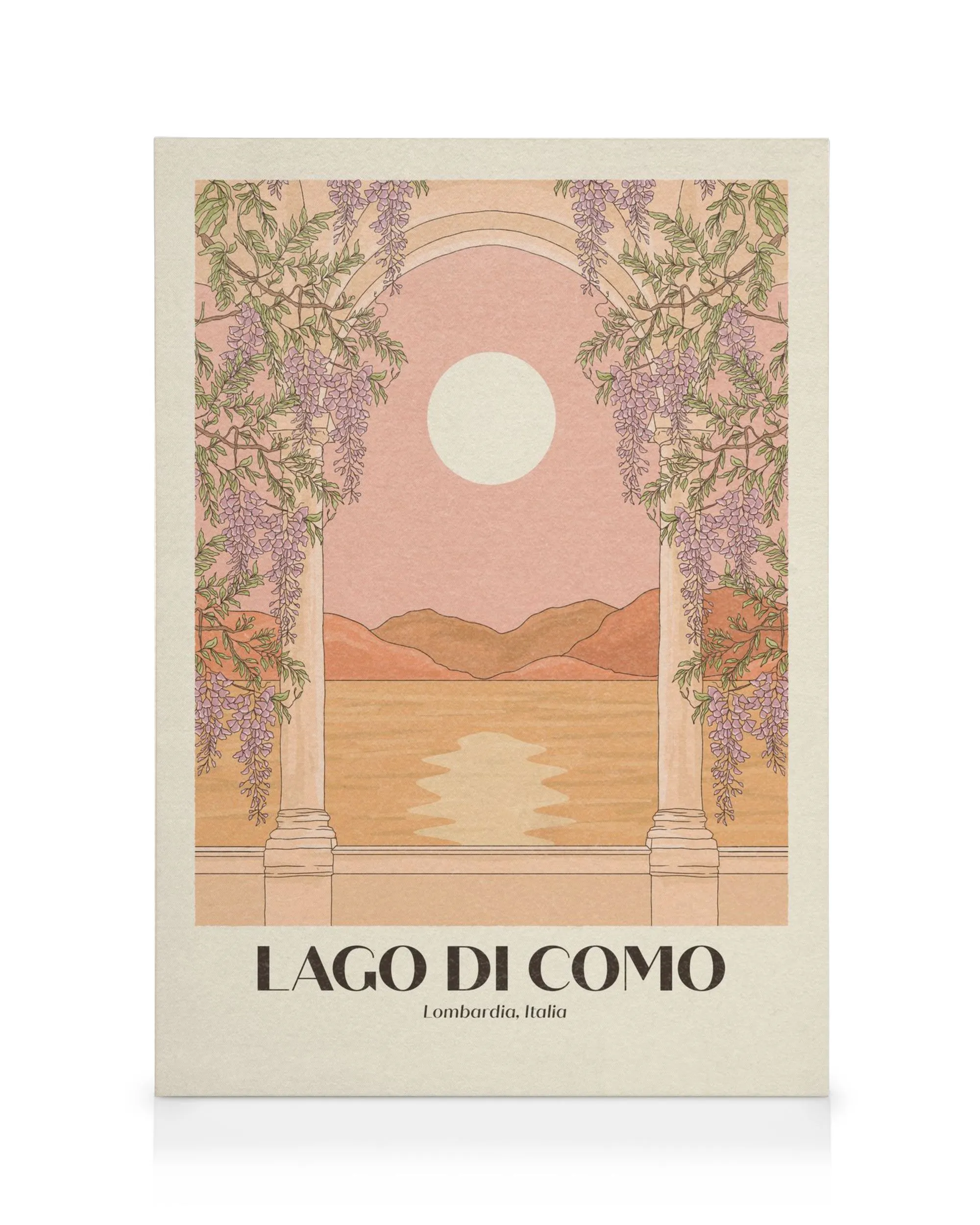 Stampa su tela Lago di Como con arco, fiori viola, tramonto su montagne e acqua, testo Lombardia, Italia