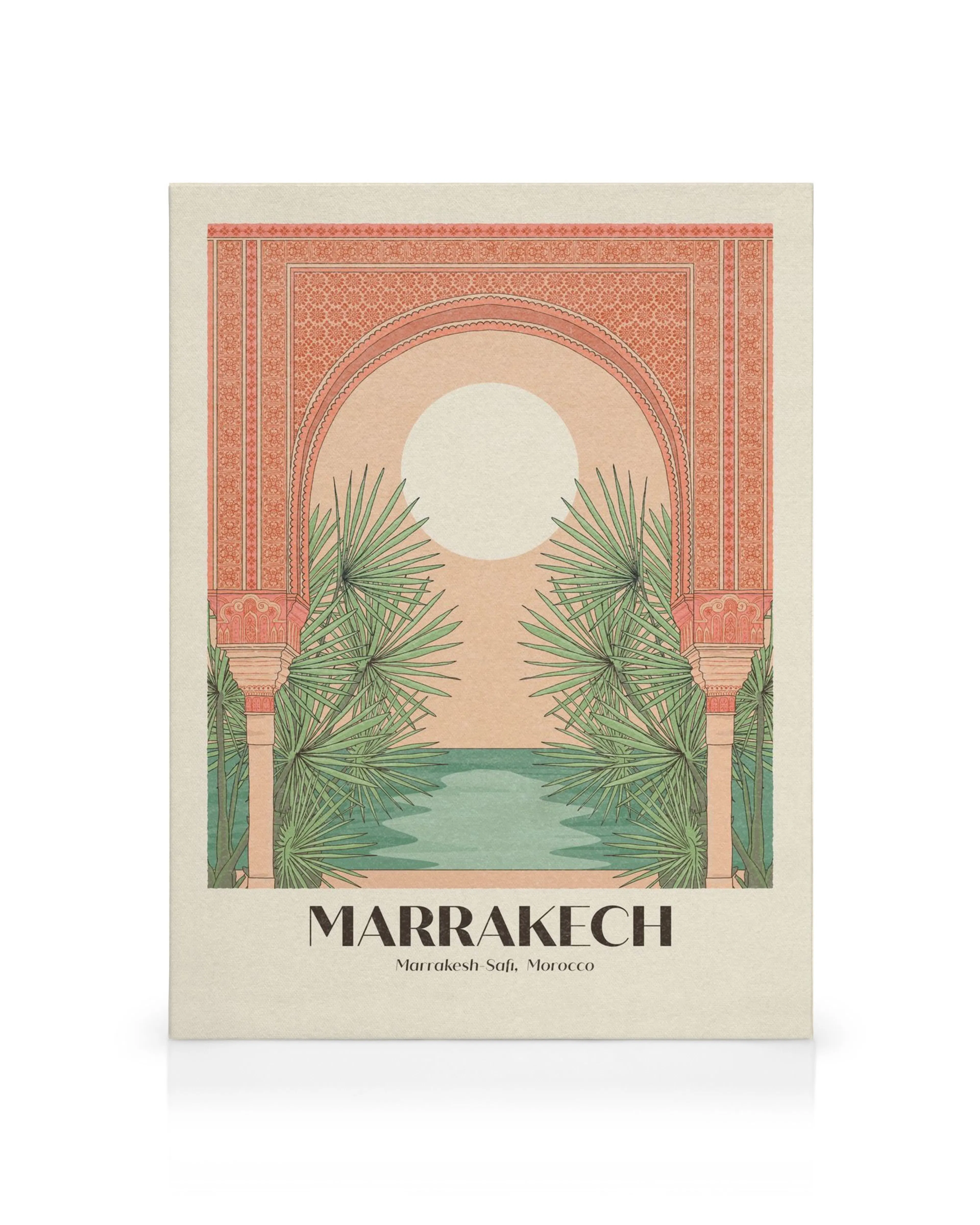 Marrakech canvas met oranje boog, rode patronen, zon, groene palmbladeren en blauwgroen water.