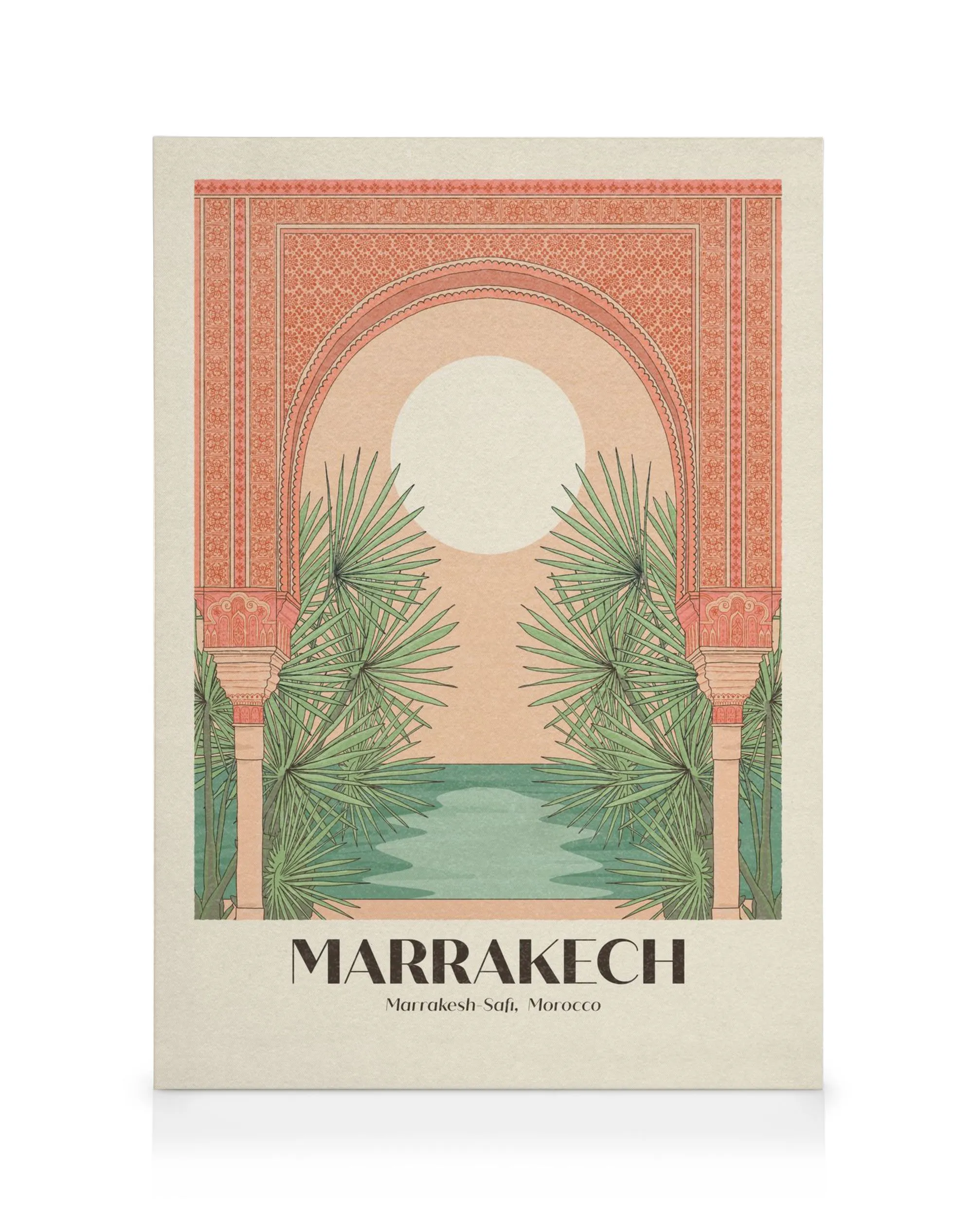 Toile Marrakech avec arche orange, soleil et palmiers verts autour dun plan deau bleu-vert