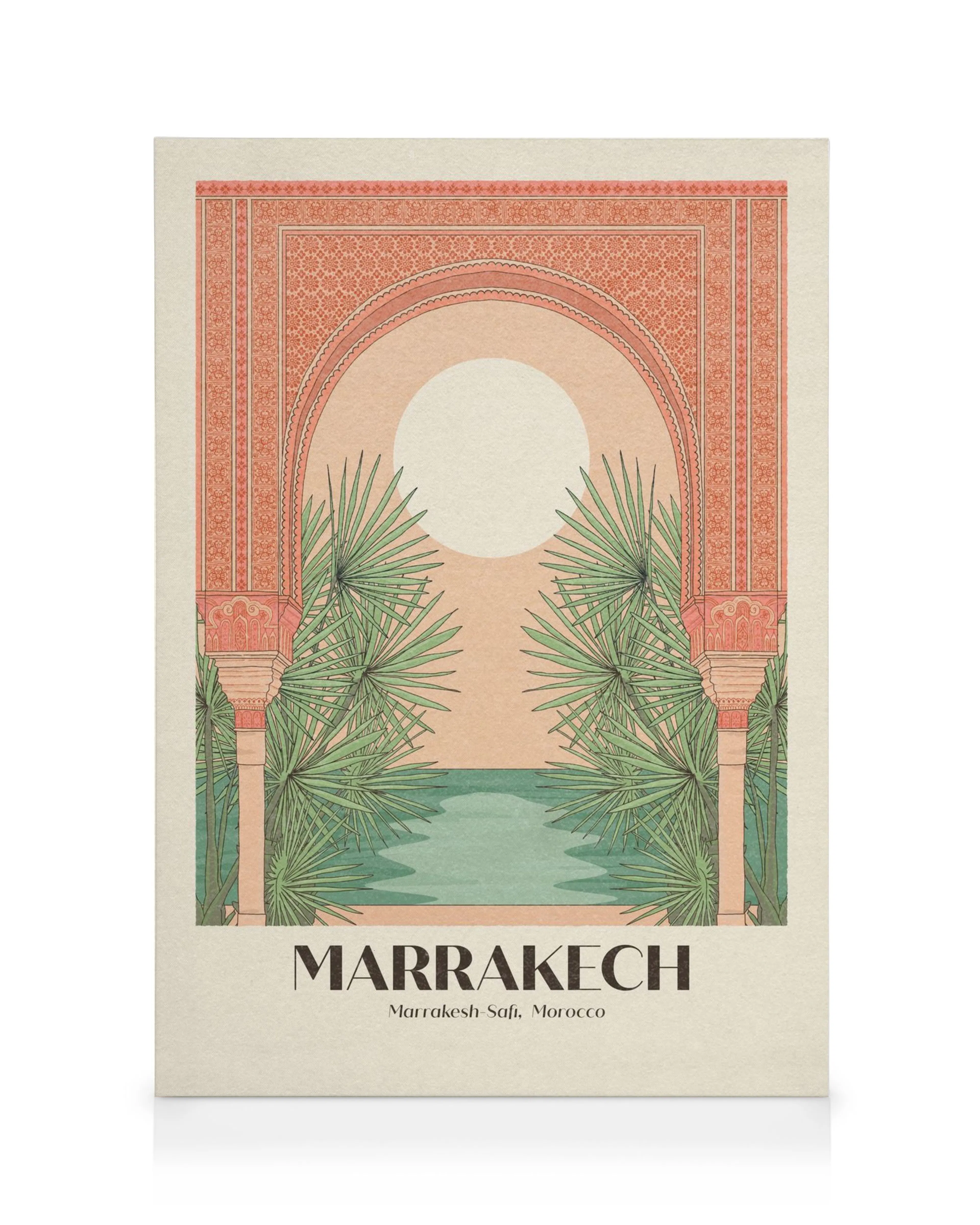 Toile Marrakech avec arche orange, soleil et palmiers verts autour dun plan deau bleu-vert