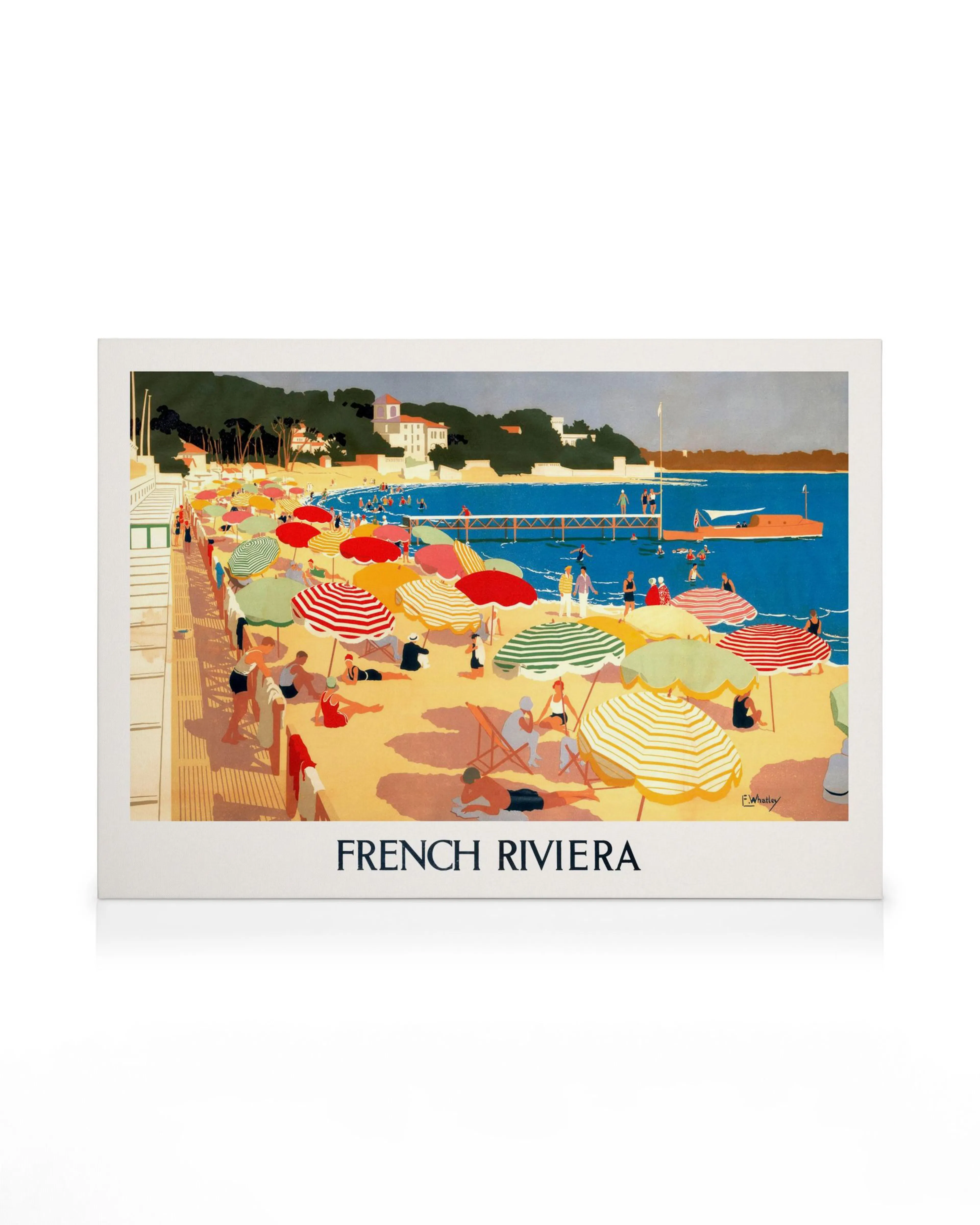 Tela French Riviera vintage: praia colorida com pessoas, guarda-sóis, e cais. Arte de verão com texto French Riviera.