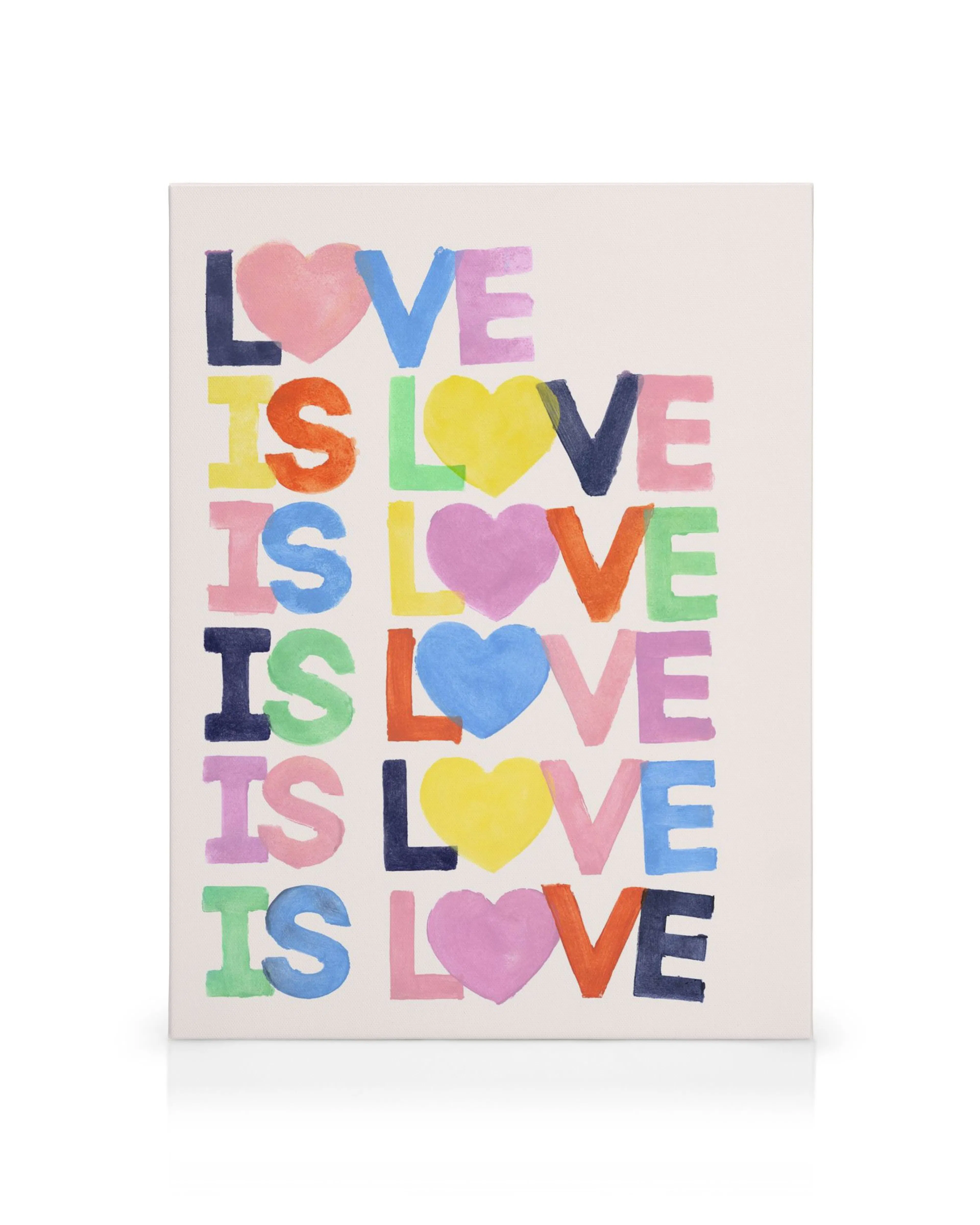 Farebný obraz na plátne s nápisom Love Is Love, srdcia, dúhové farby.