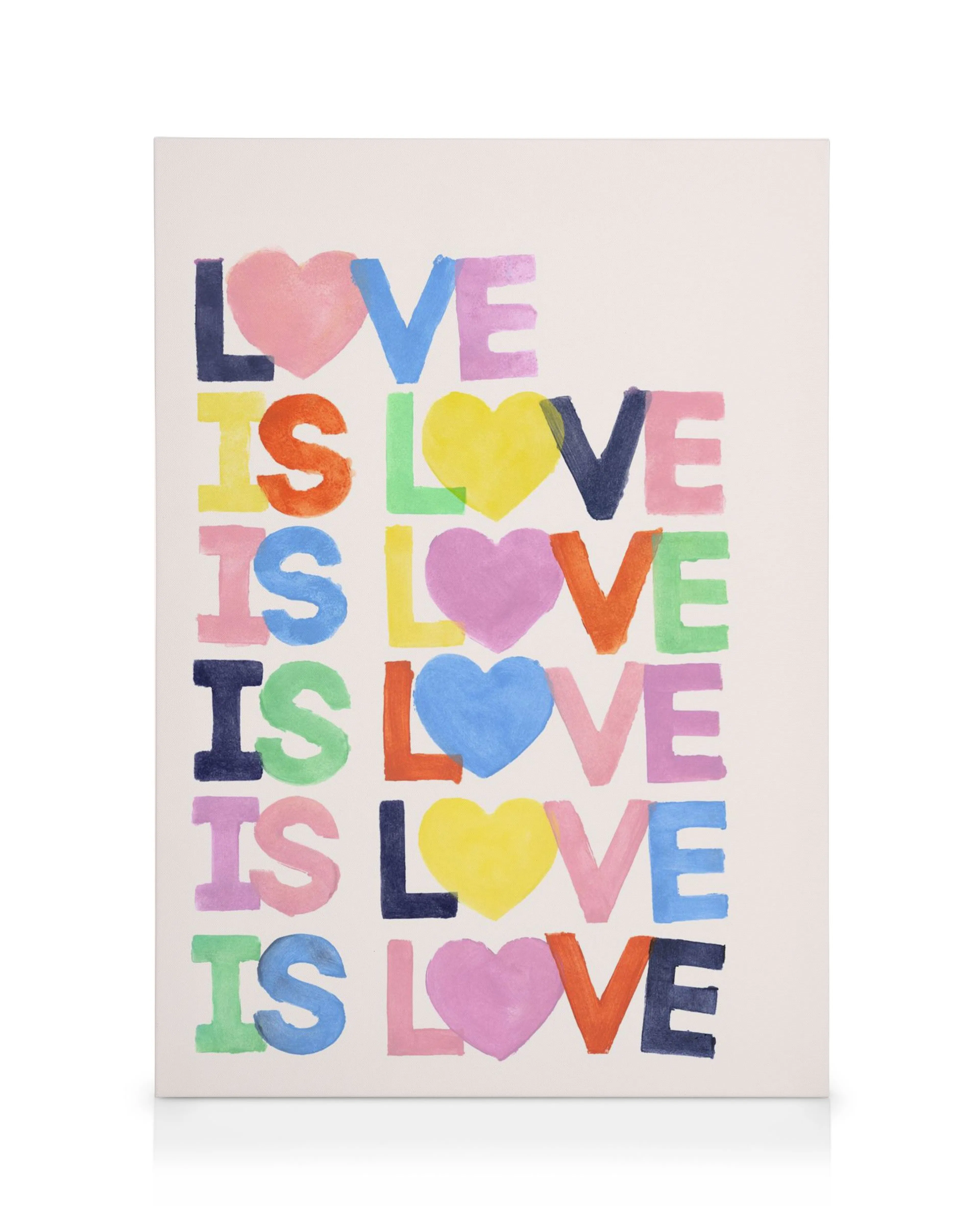 Love is Love canvas print with colorful, hand-painted letters and heart shapes in a rainbow design.