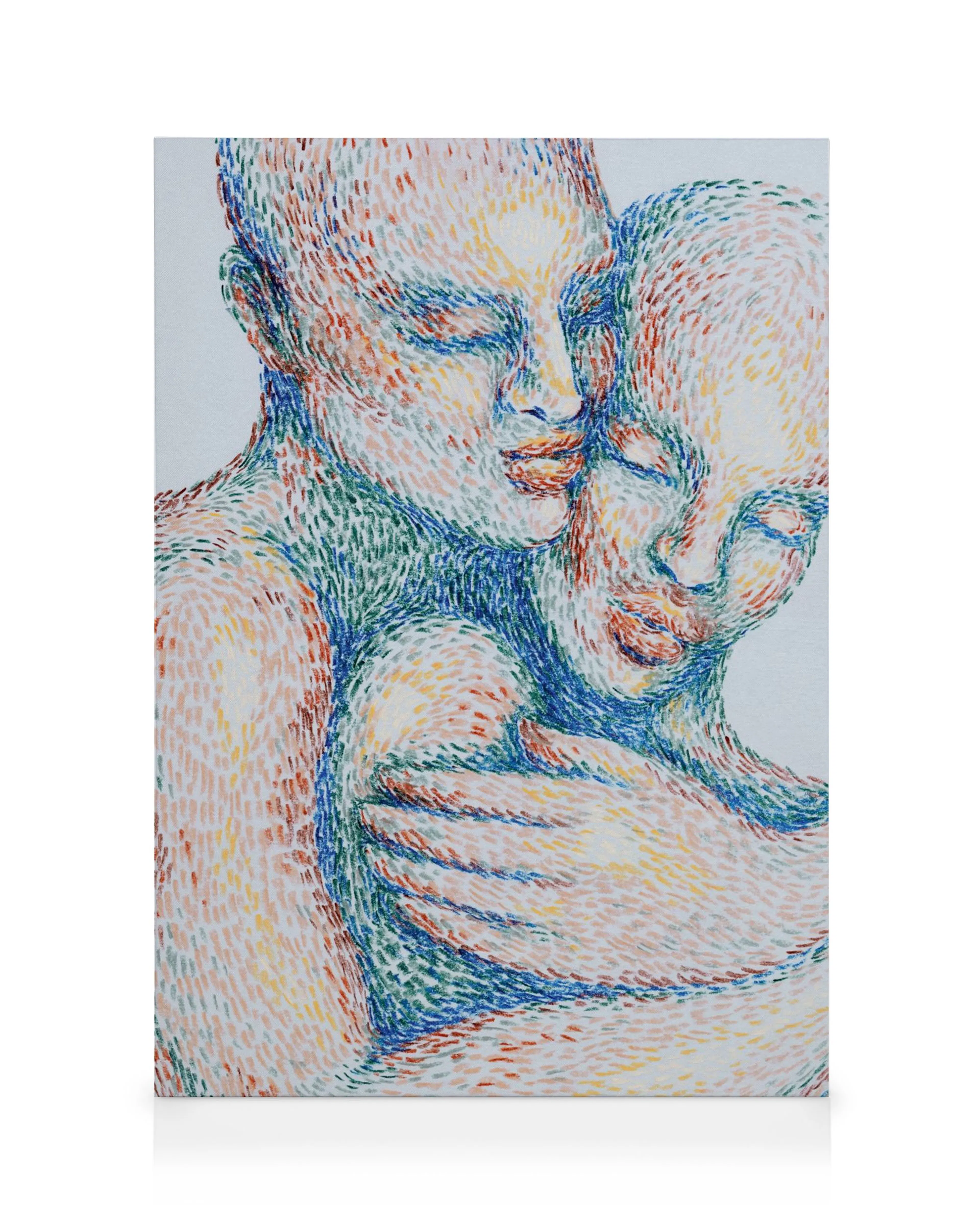 Abstract canvas art of two figures embracing, rendered with colorful, short, visible brushstrokes in red, blue, green, and orang