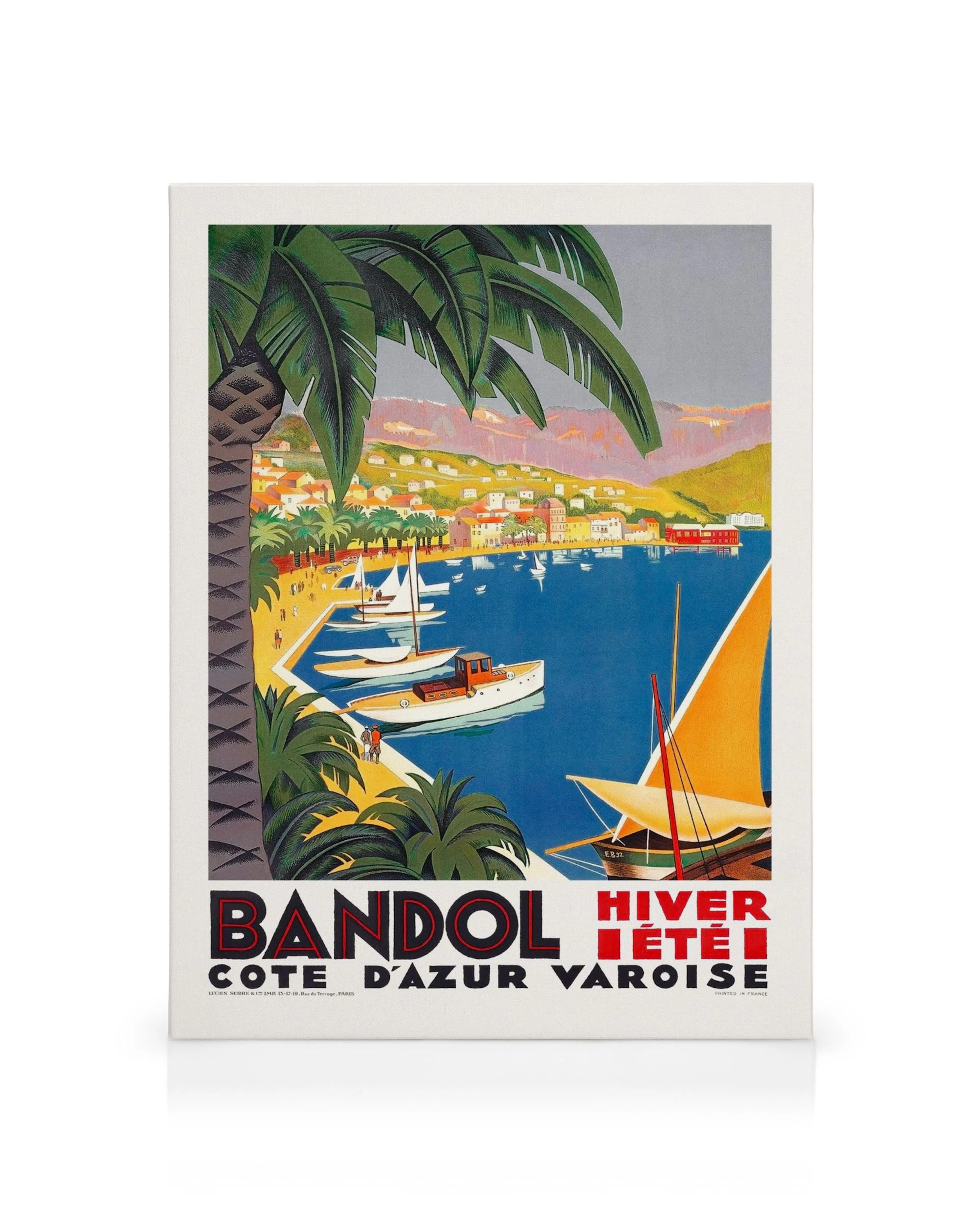 Stampa su tela vintage di Bandol, Costa Azzurra, con palme, barche sullacqua blu e colline. Poster di viaggio.