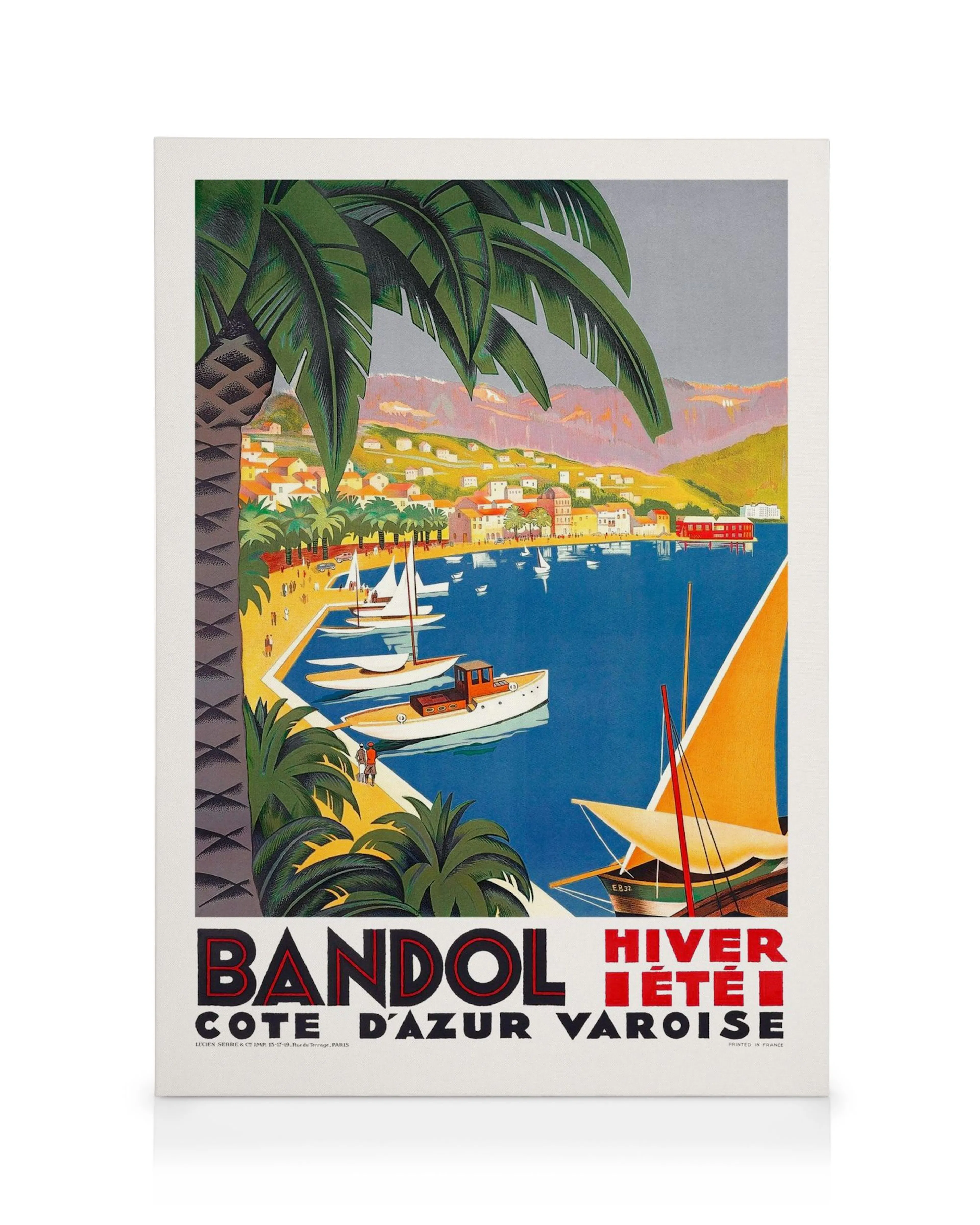 Vintage Bandol canvastavla med palmer, båtar i blått vatten, hus och kullar. Retro resemotiv med texten Bandol Hiver ÉtÉ Cote Da
