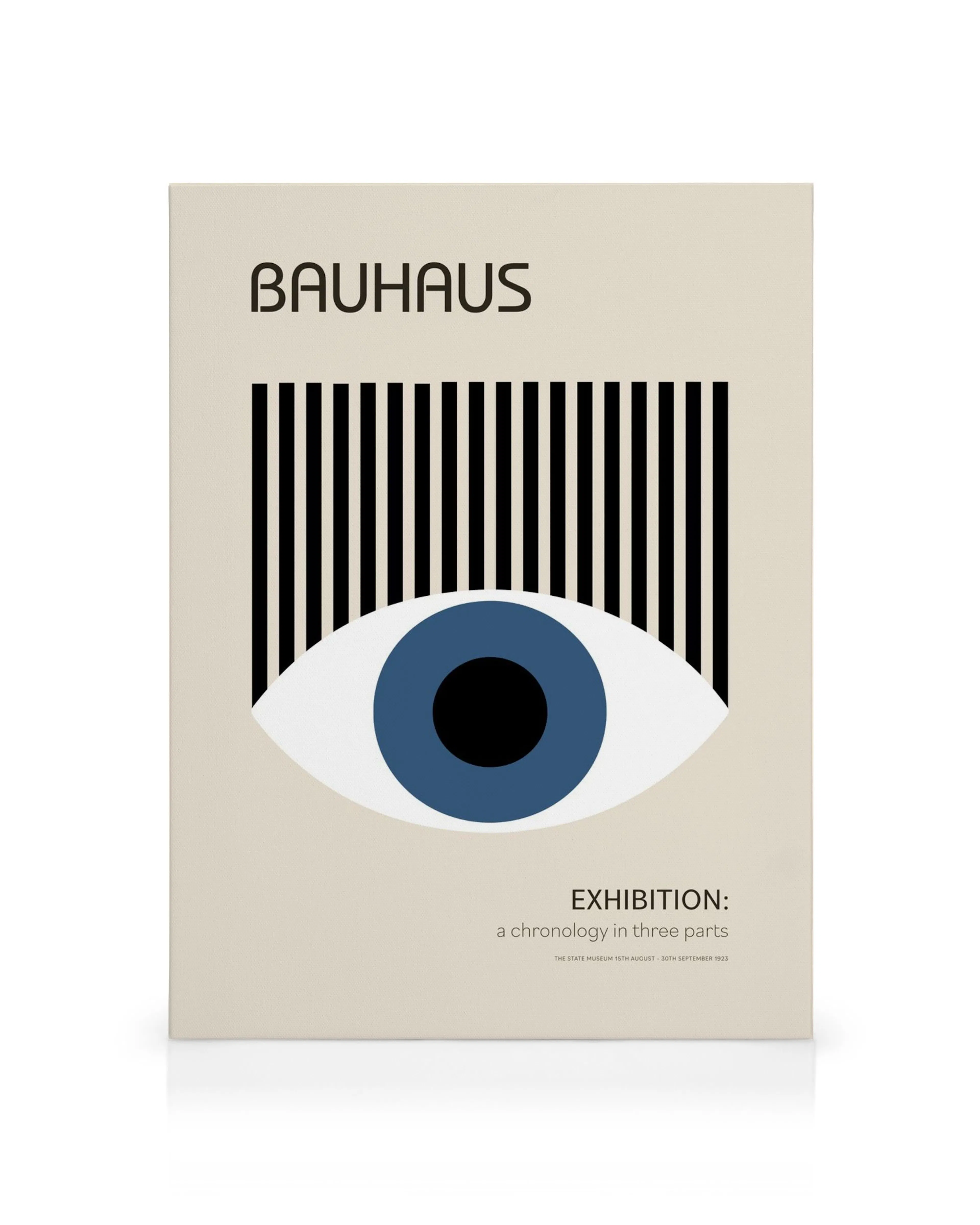 Πίνακας Bauhaus Eye, μινιμαλιστικό μάτι με μπλε ίριδα, μαύρες κάθετες γραμμές, μπεζ φόντο, αφίσα