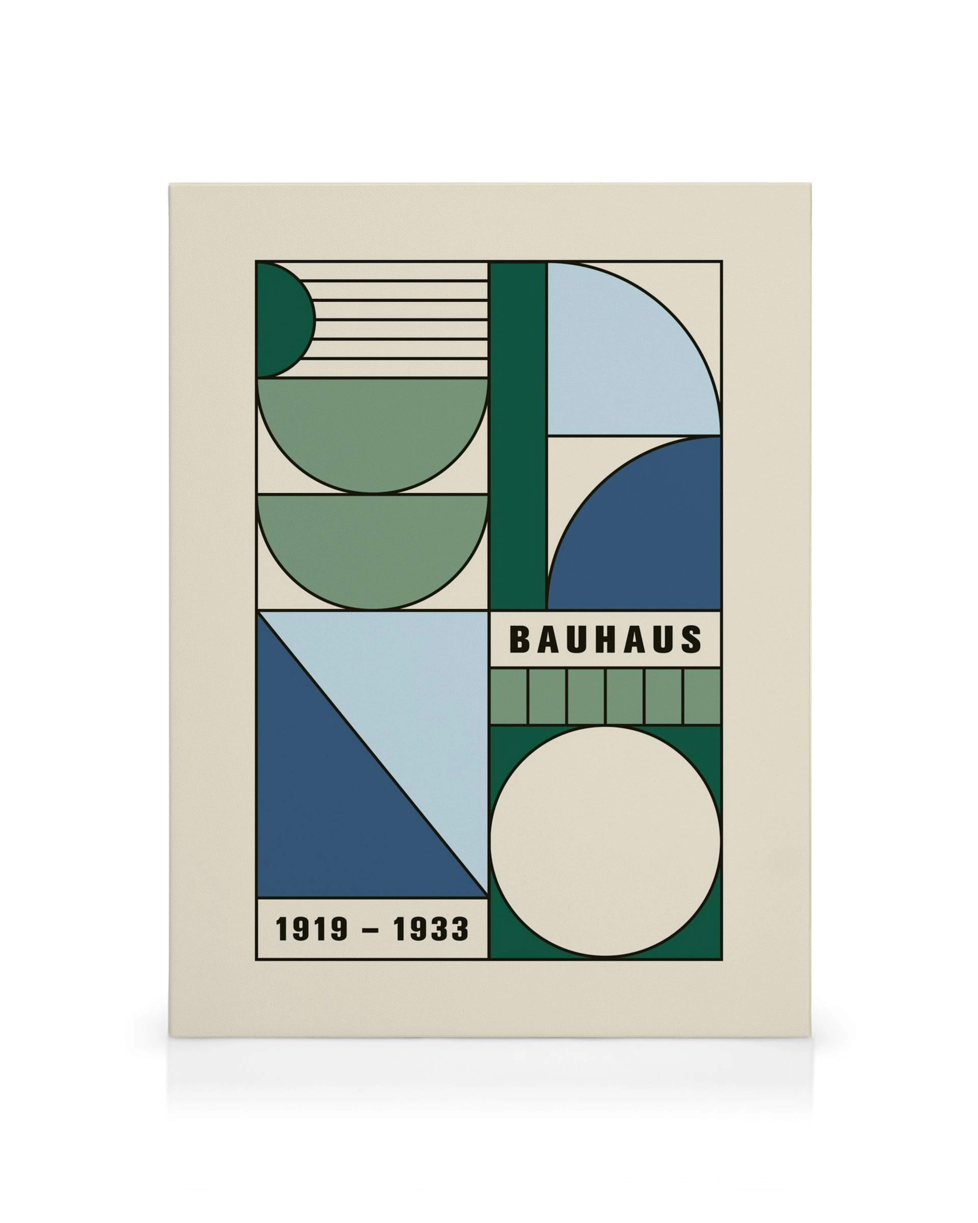 Leinwand mit Bauhaus-Komposition, geometrischen Formen in Grün und Blau, Schriftzug BAUHAUS und 1919 – 1933.