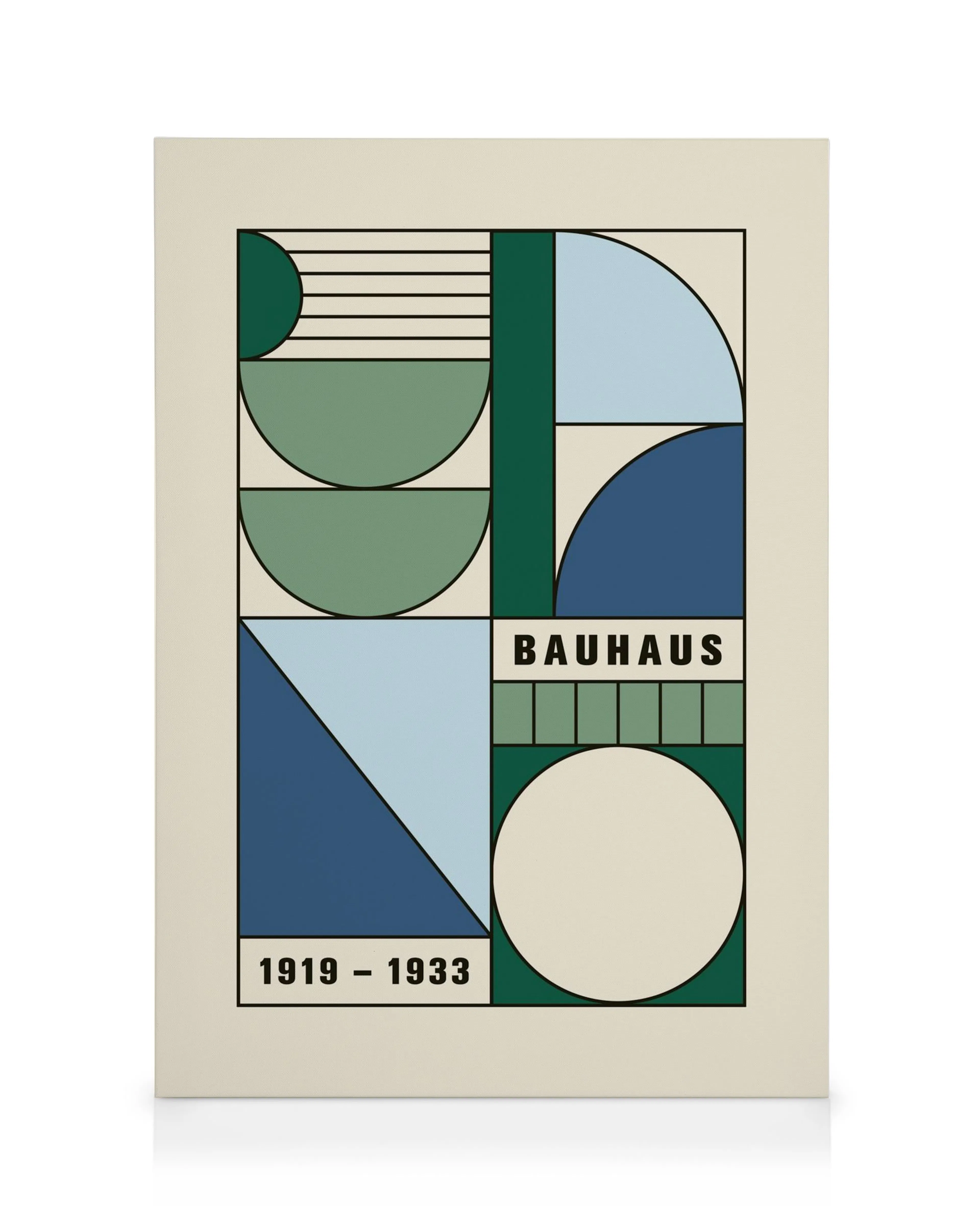 Bauhaus composition canvas print, geometric shapes in green, blue, and cream, modern art style.