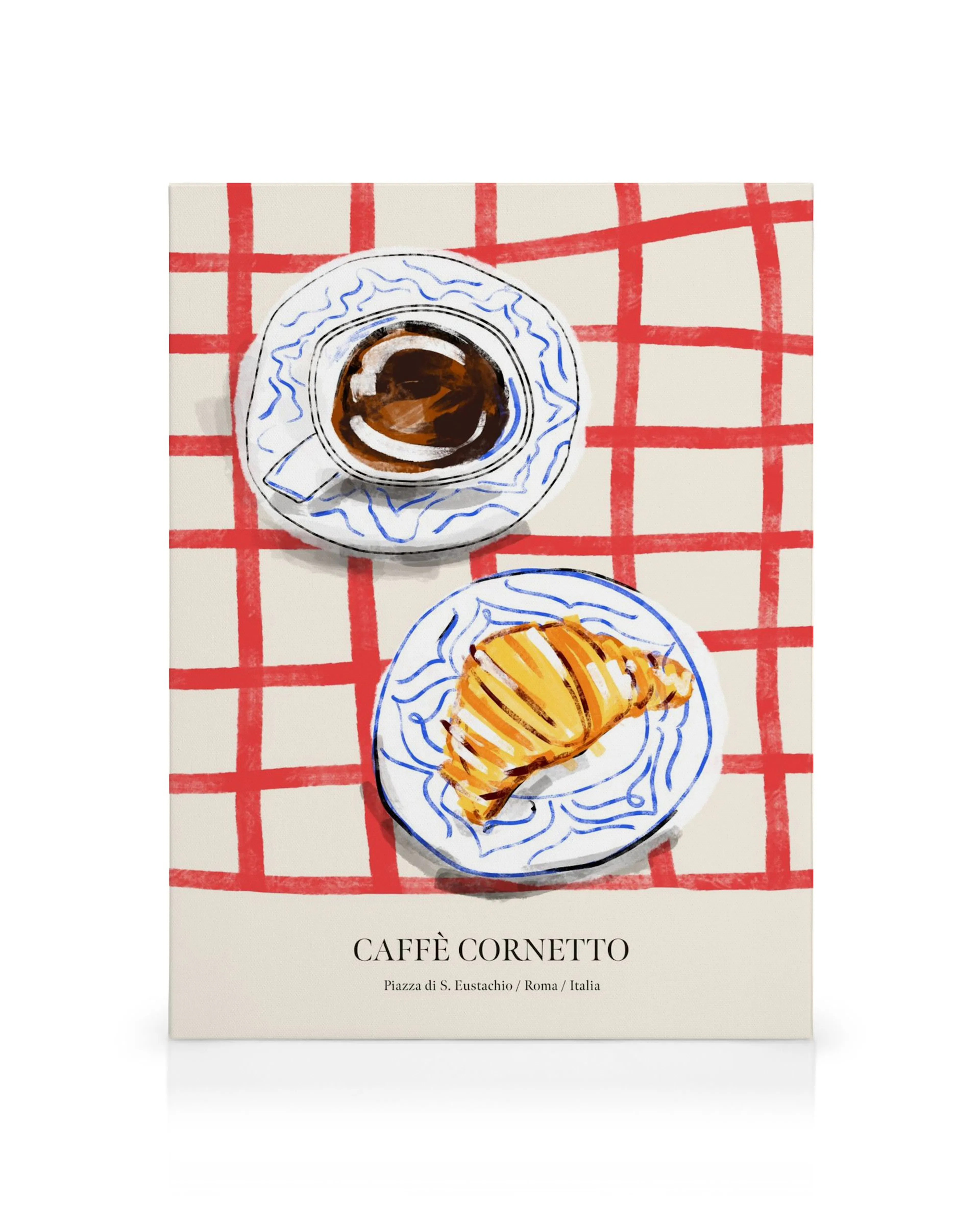 Italian café canvas print with coffee cup and croissant on a red plaid tablecloth, brown, yellow hues.