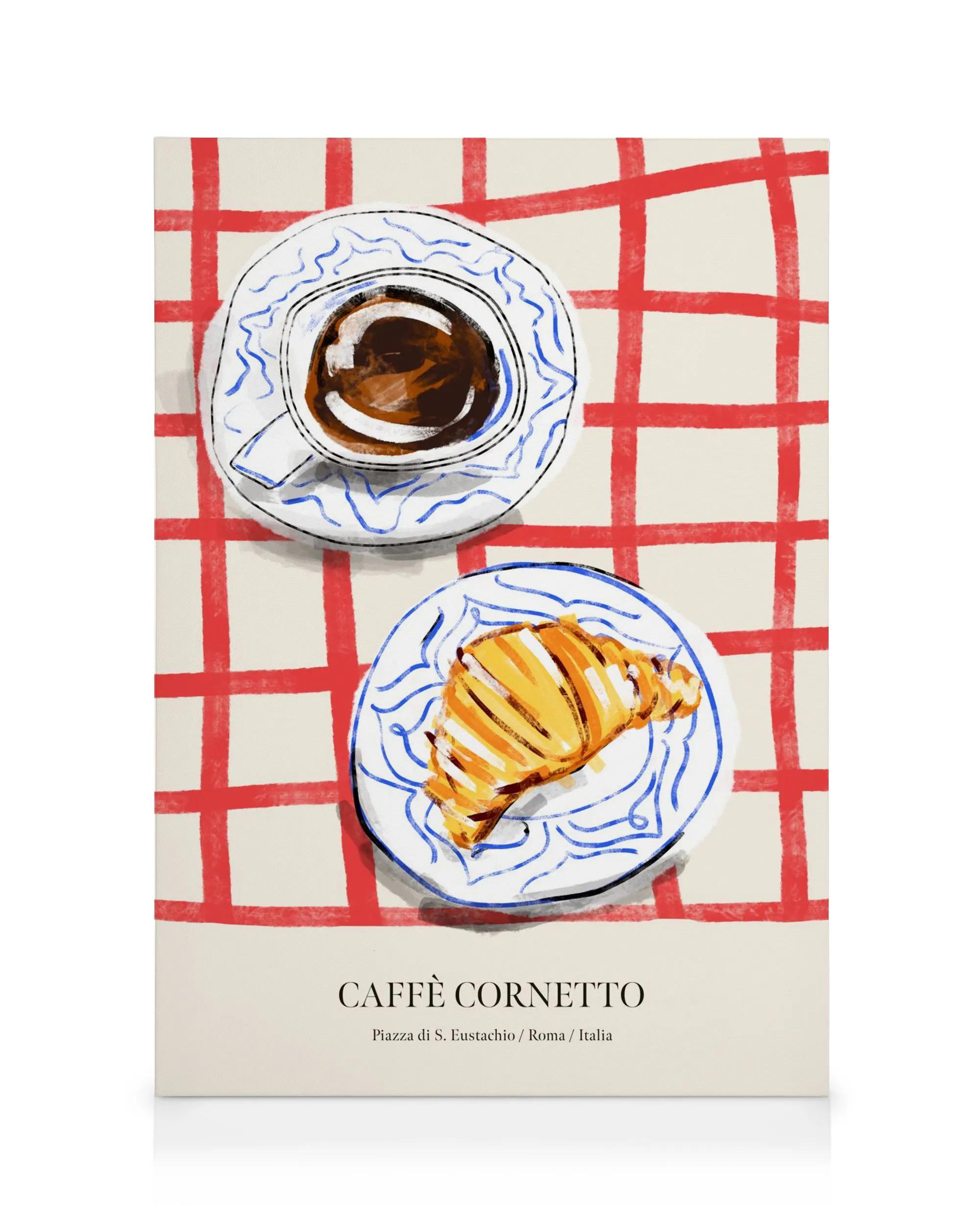 Leinwandbild mit Kaffeetasse und Croissant auf Teller, rot karierte Tischdecke, Italien-Design.