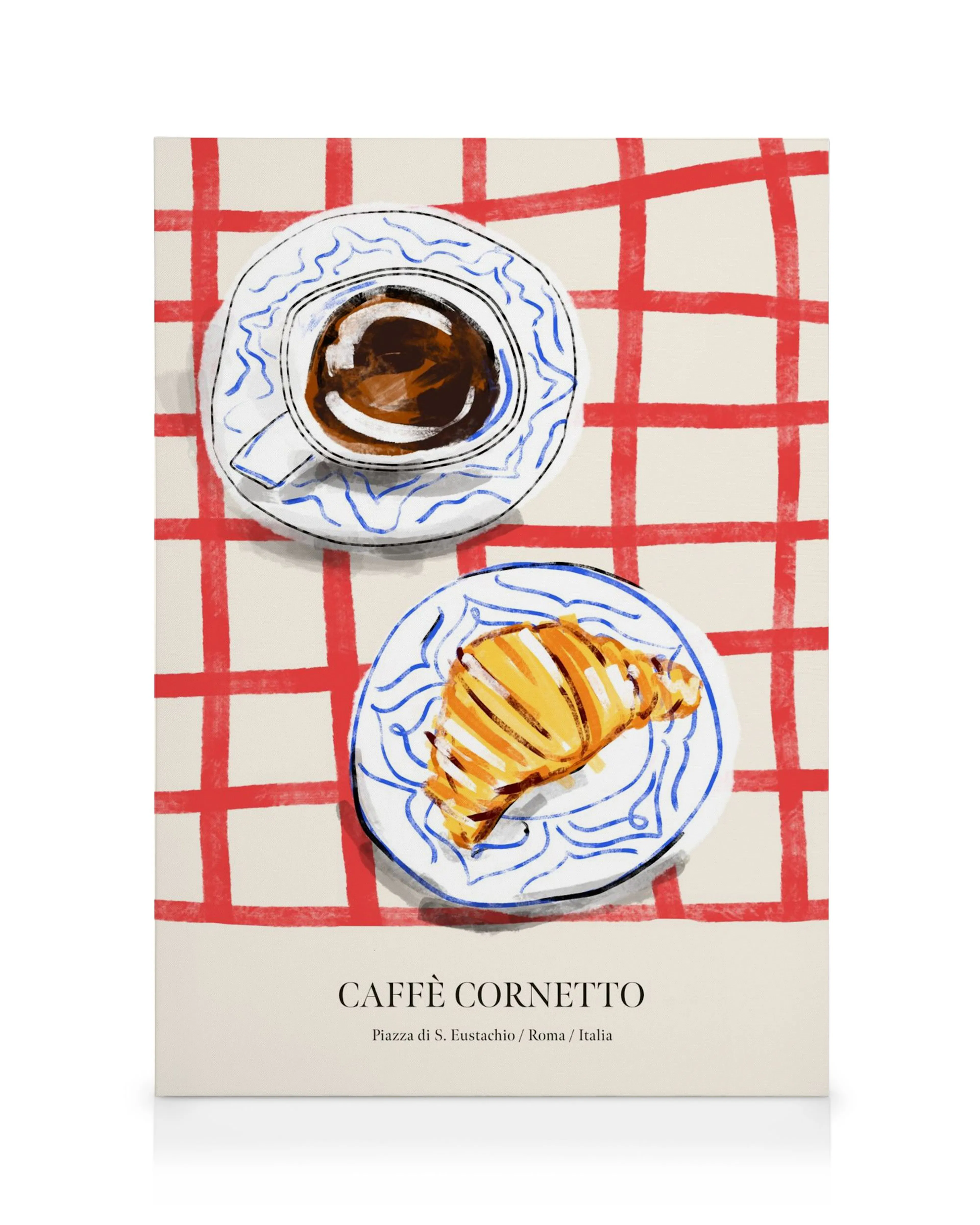 Leinwandbild mit Kaffeetasse und Croissant auf Teller, rot karierte Tischdecke, Italien-Design.