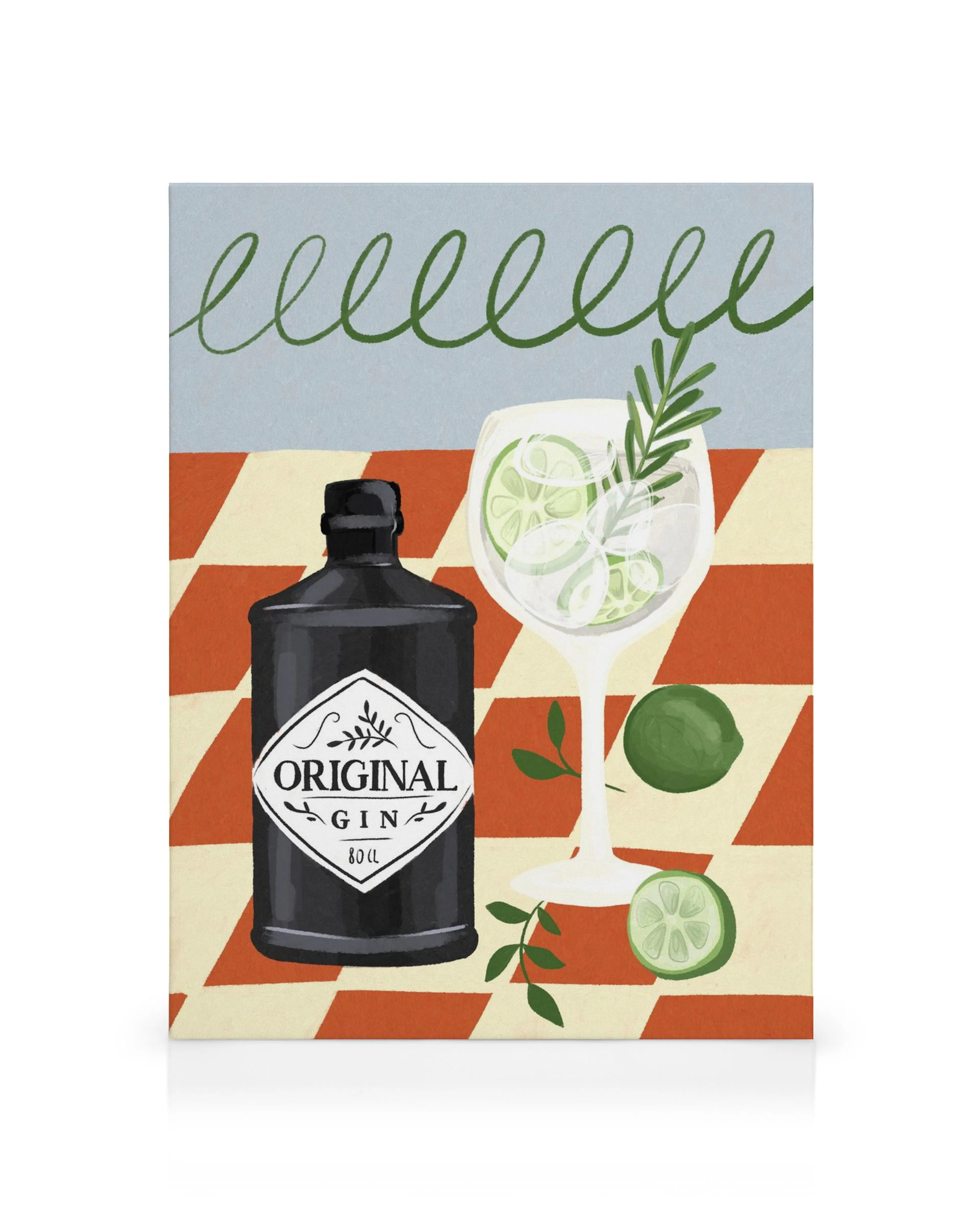 Illustratie van een zwarte gin fles en glas met limoenschijfjes op een oranje en wit geruit patroon.