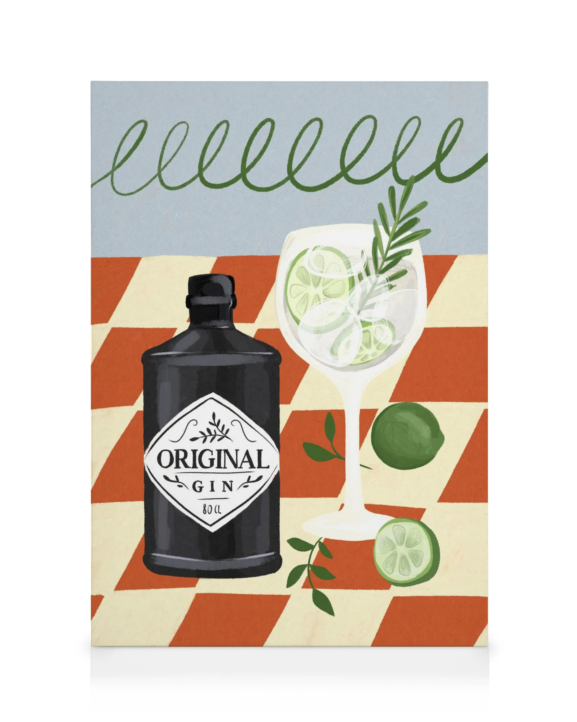Färgglad illustration av en svart ginflaska, ett glas med limeskivor och hela limefrukter på en rutig orange och vit bakgrund.