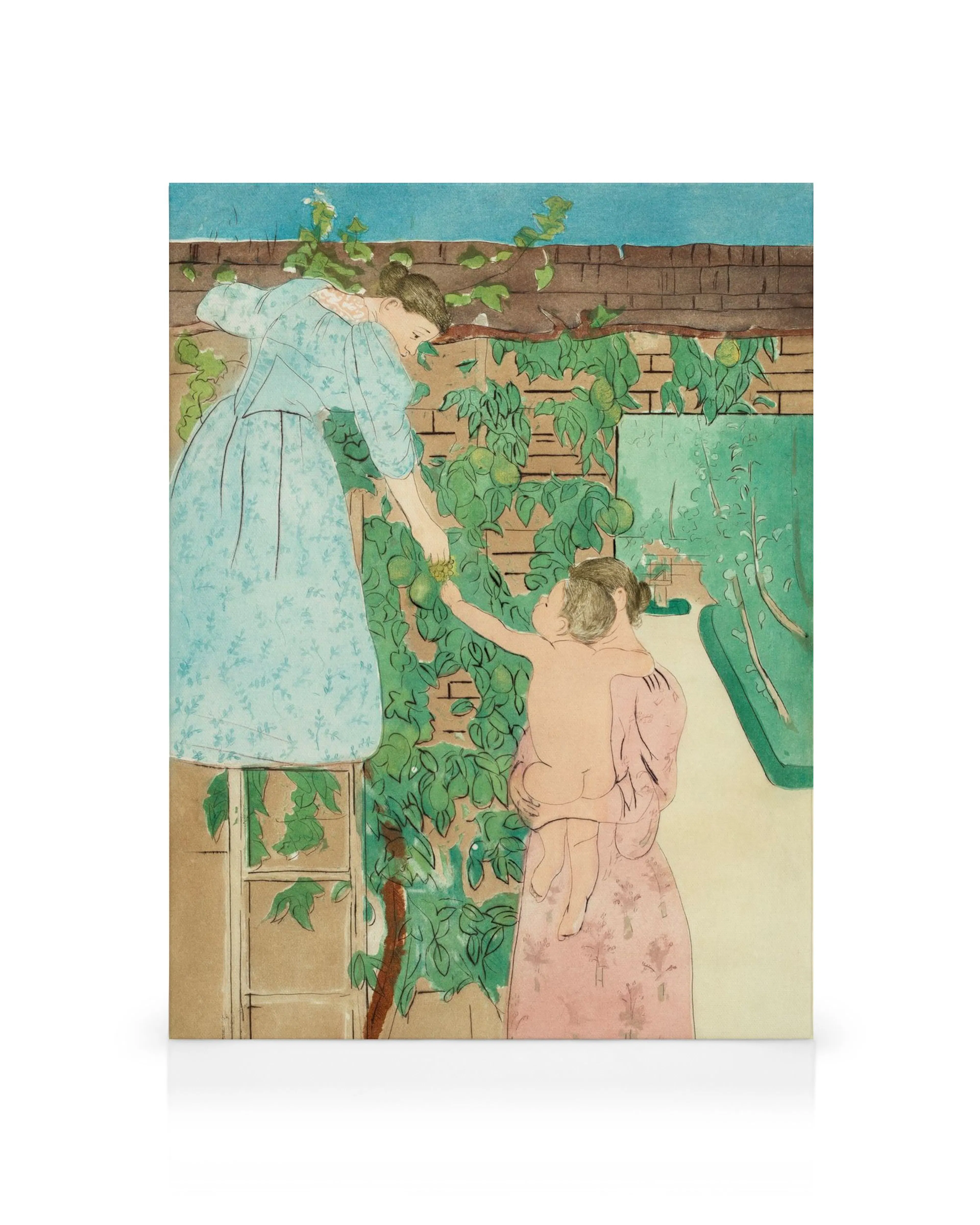 Mary Cassatt Kunstwerk: Frau pflückt Früchte von einem Baum, während eine andere Frau ein Baby hält. Impressionistisches Gemälde