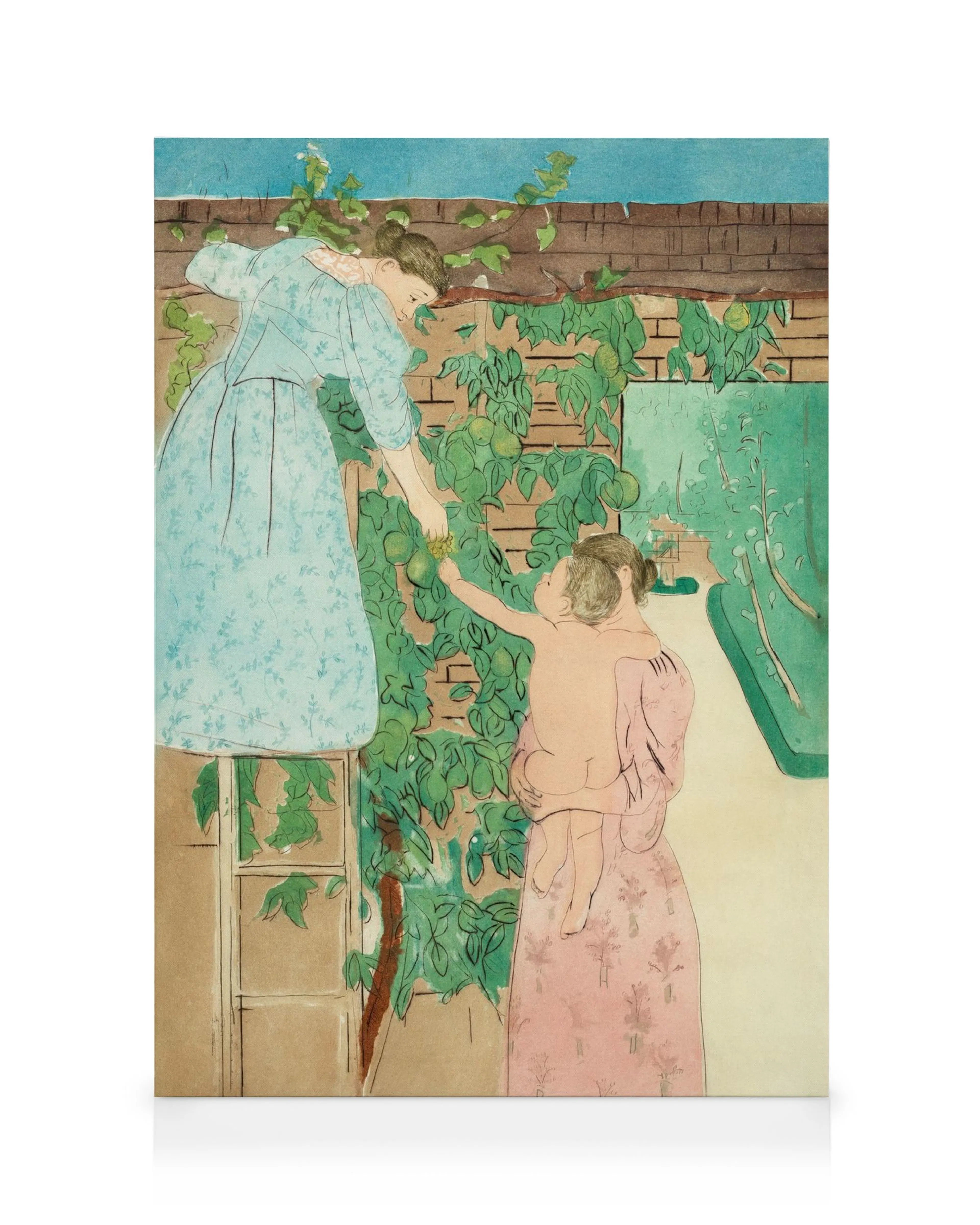 Toile Mary Cassatt, deux femmes près dun mur de vigne, une tenant un enfant, lautre cueillant des fruits