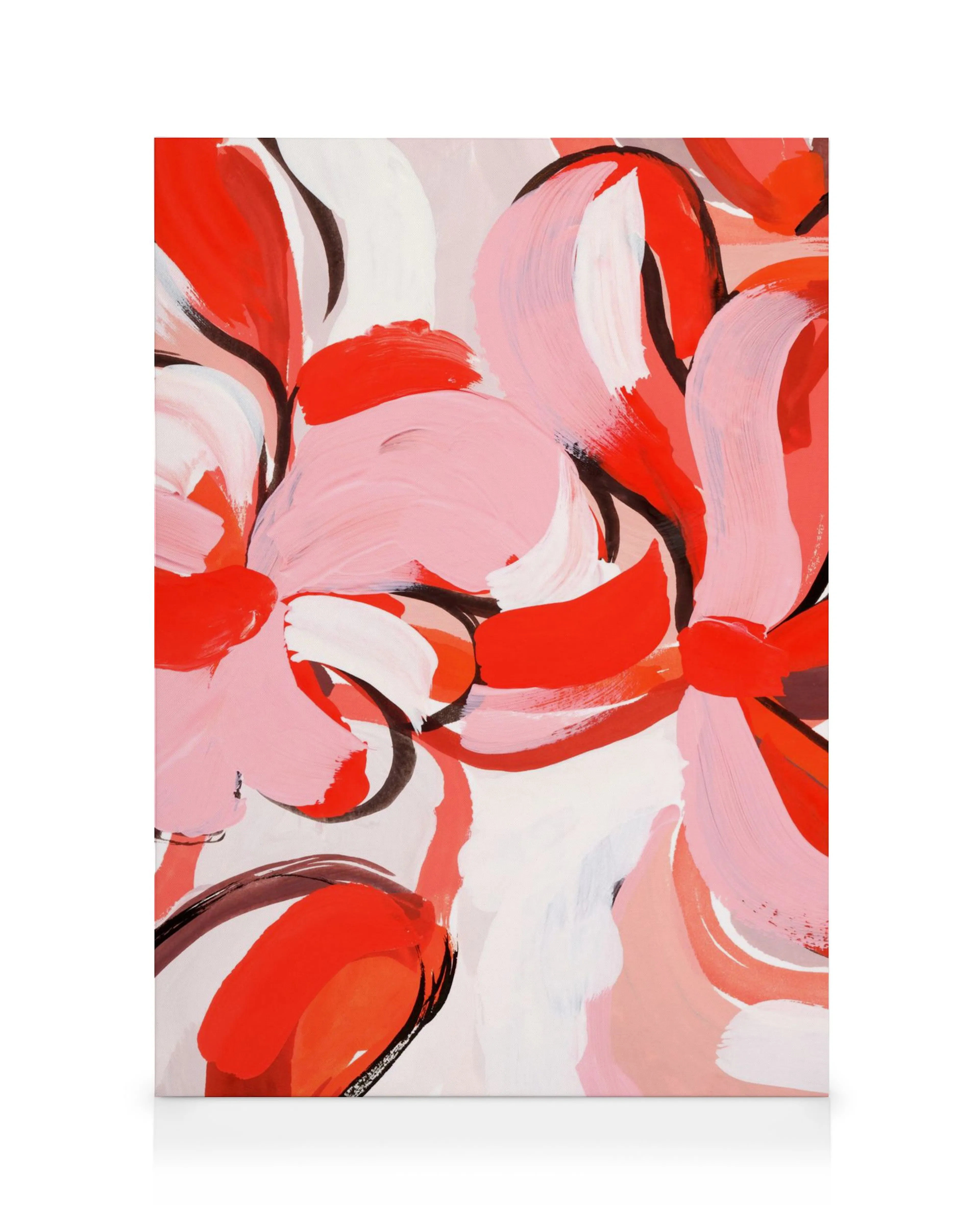 Stampa su tela con fiori astratti in rosso, rosa, bianco e contorni neri, dipinta a mano.