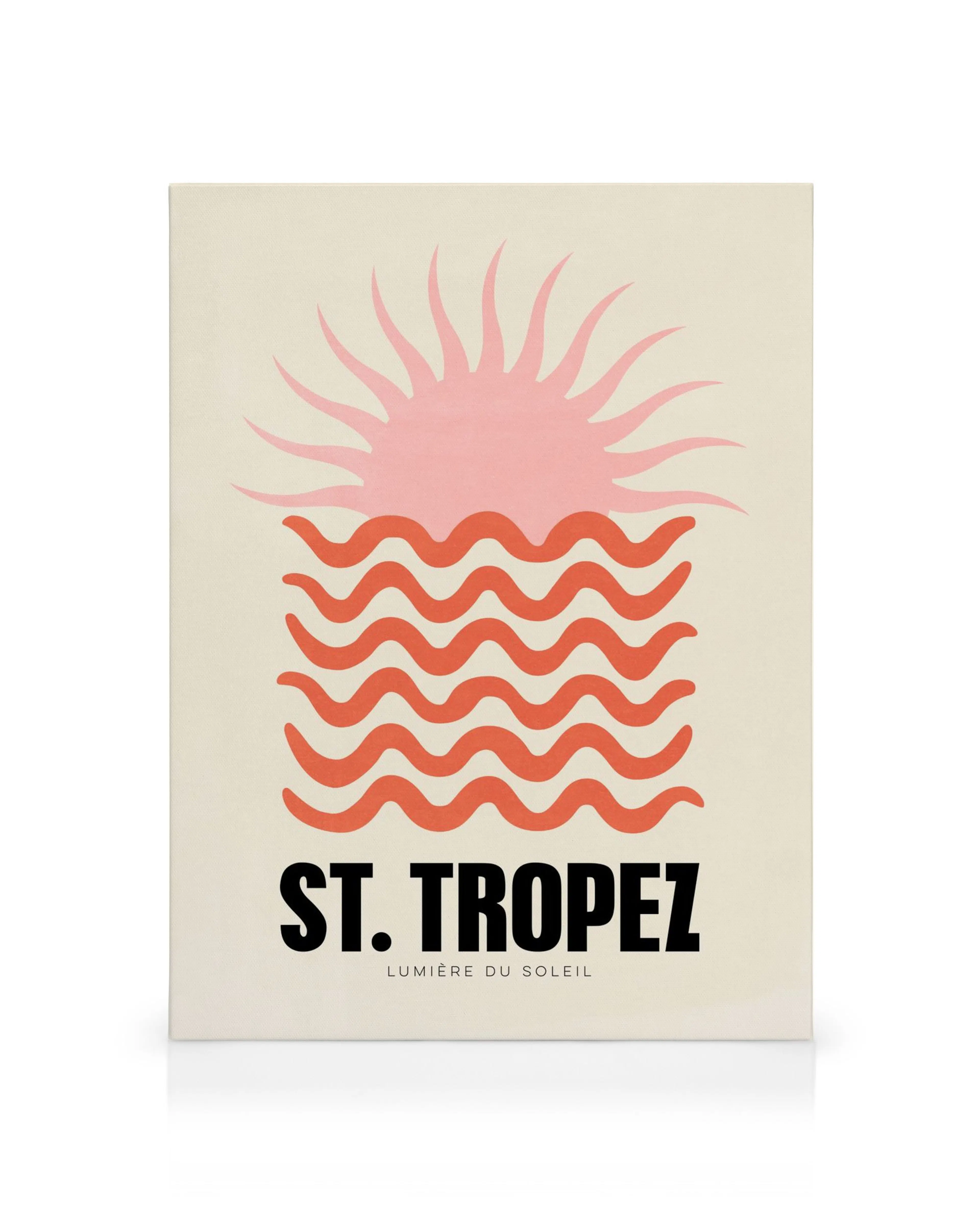 Graphic St Tropez canvas print with pink sun, red waves, and black text on a light background.