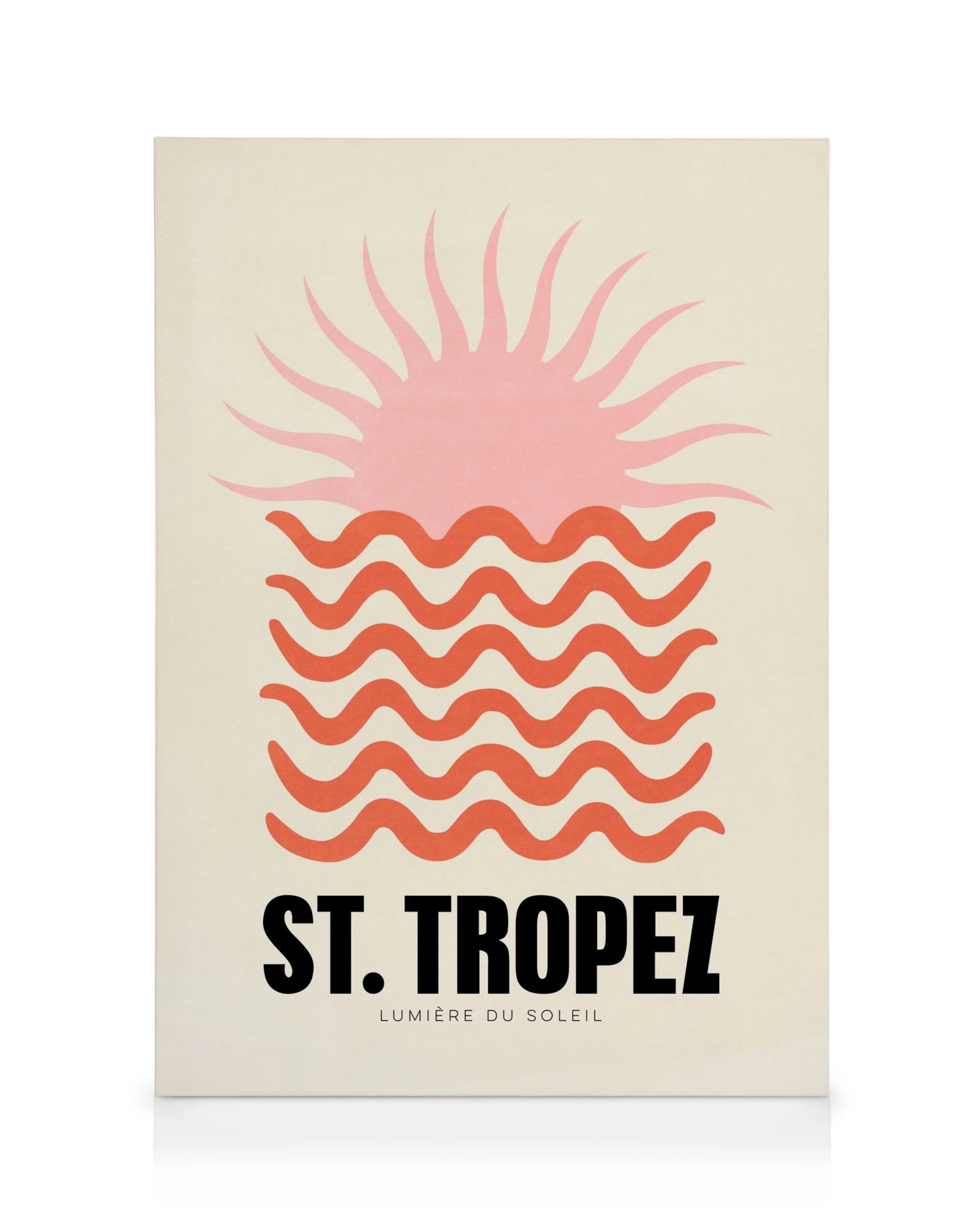 Stampa su tela St. Tropez con sole rosa e onde arancioni su sfondo beige chiaro.