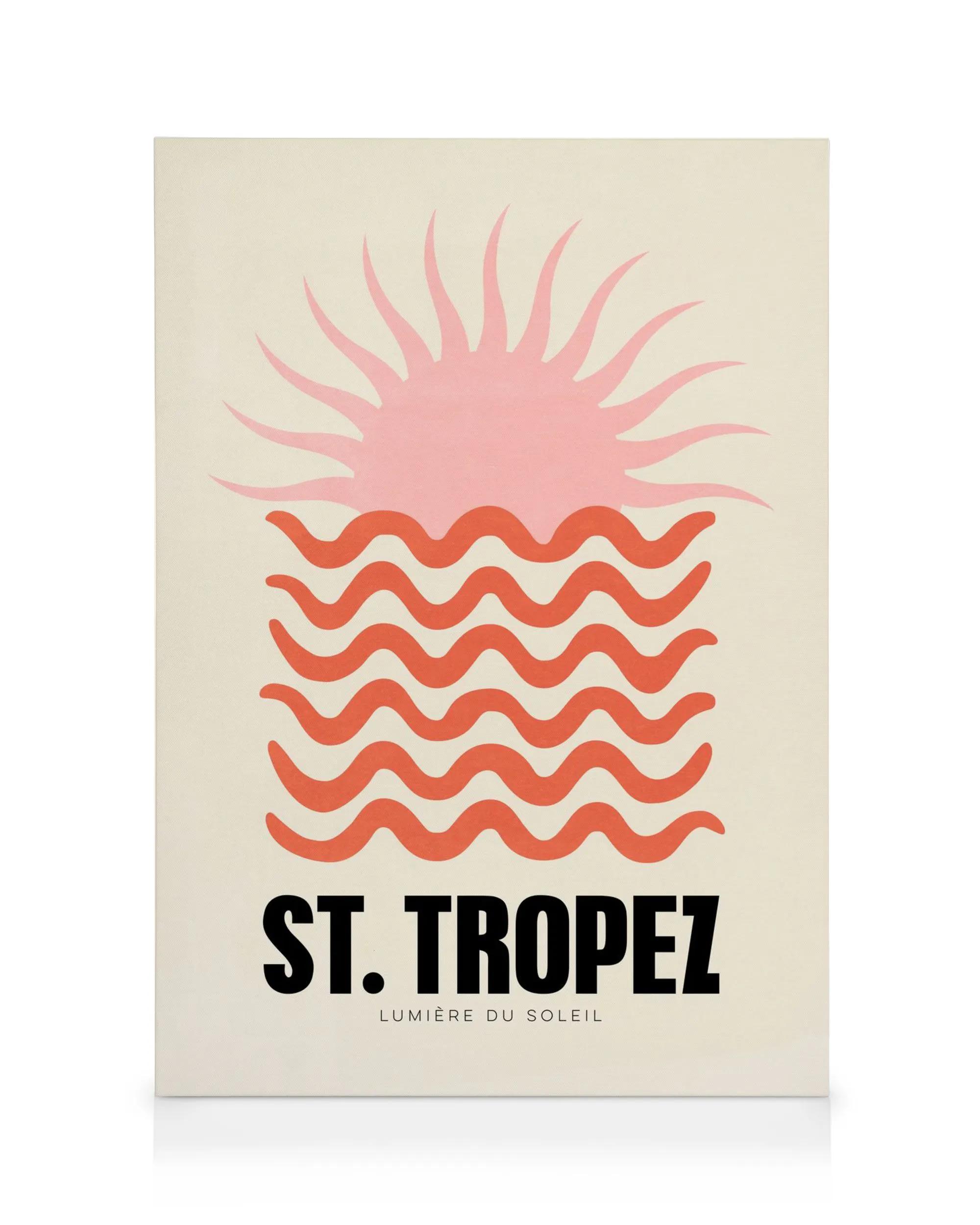 Grafisches St. Tropez Leinwandbild mit pinker Sonne über orangefarbenen Wellen und schwarzem ST. TROPEZ Text.
