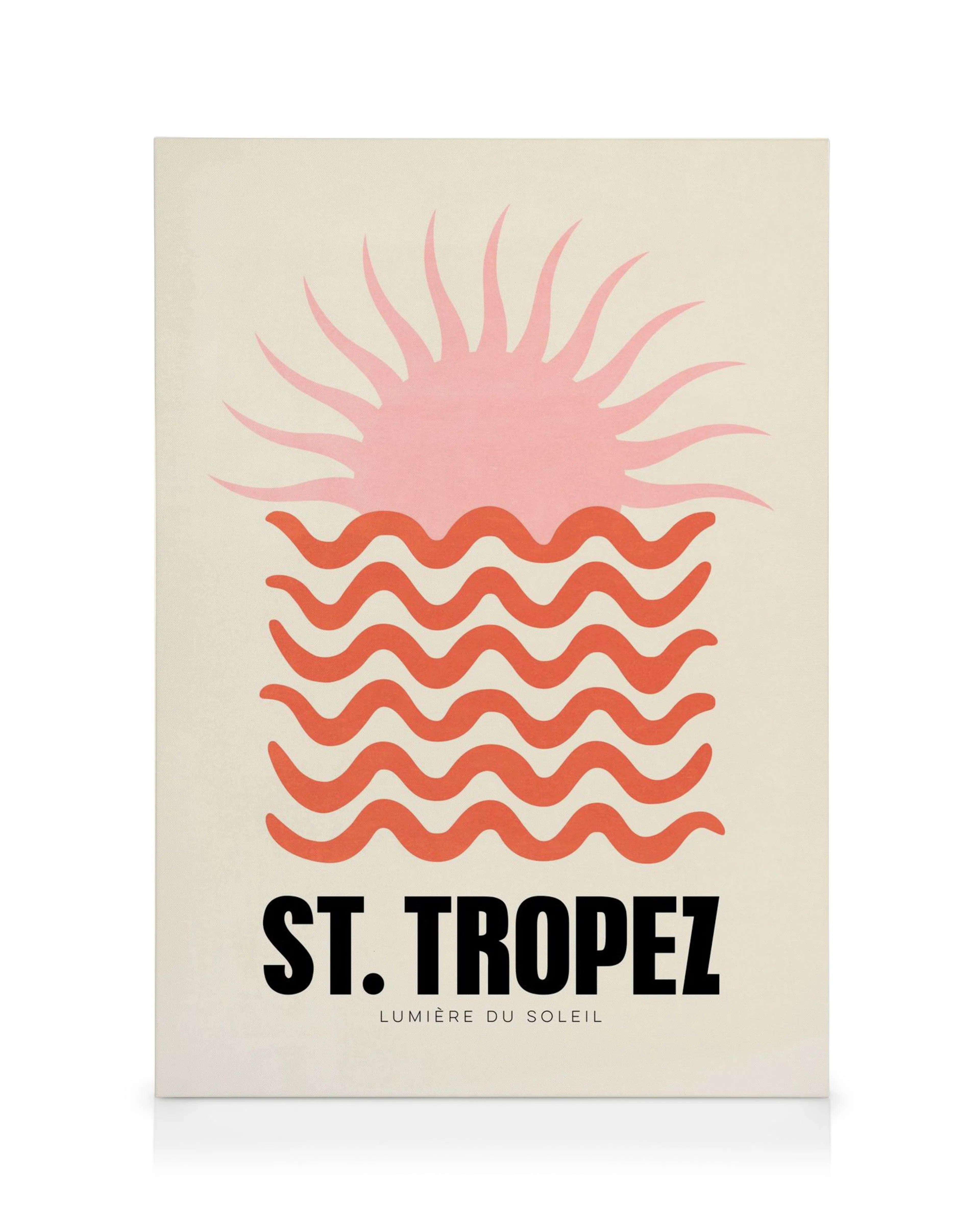 Grafisches St. Tropez Leinwandbild mit pinker Sonne über orangefarbenen Wellen und schwarzem ST. TROPEZ Text.