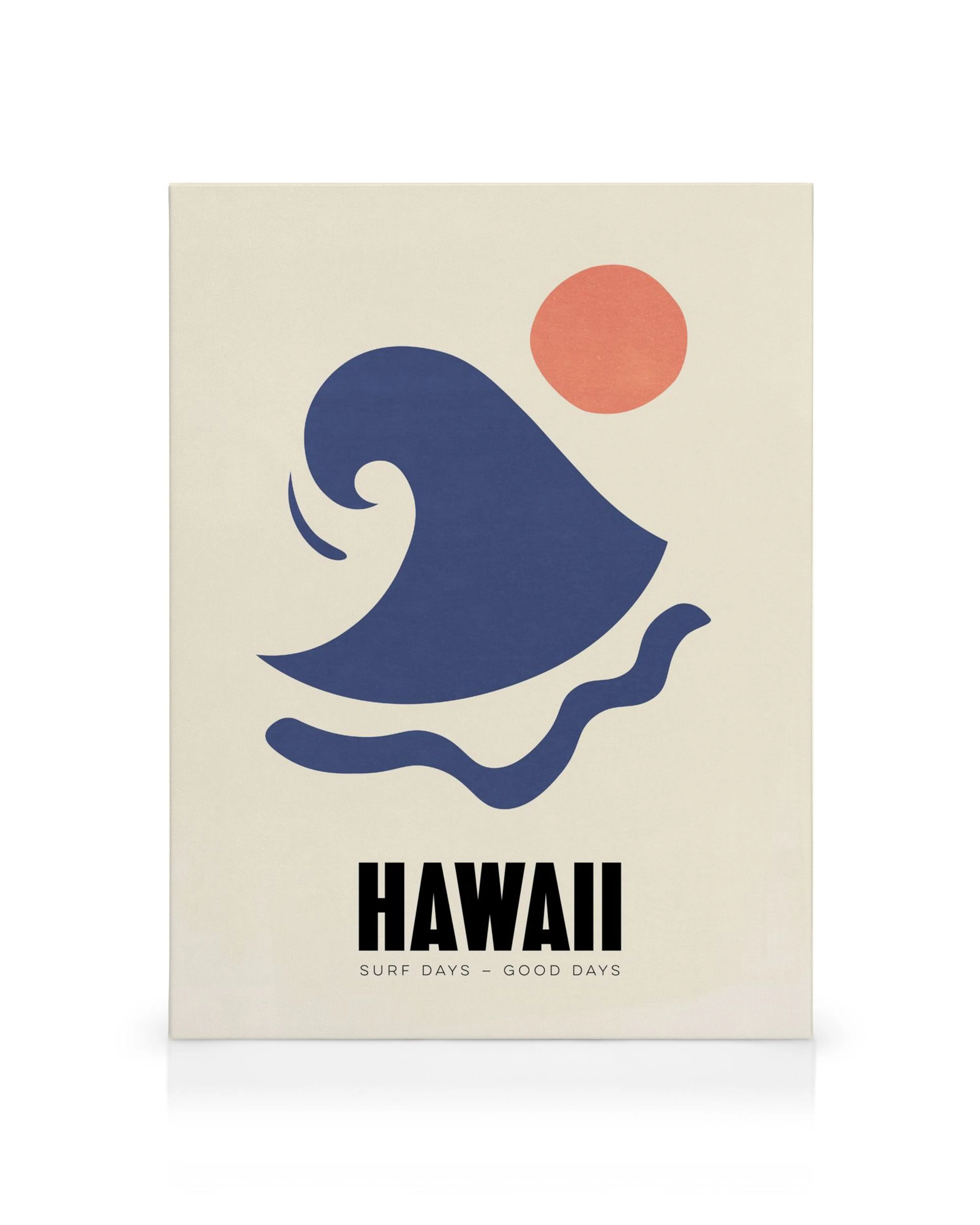 Graphic Hawaii canvas print with minimalist blue waves and orange sun, Hawaii text, surf art.
