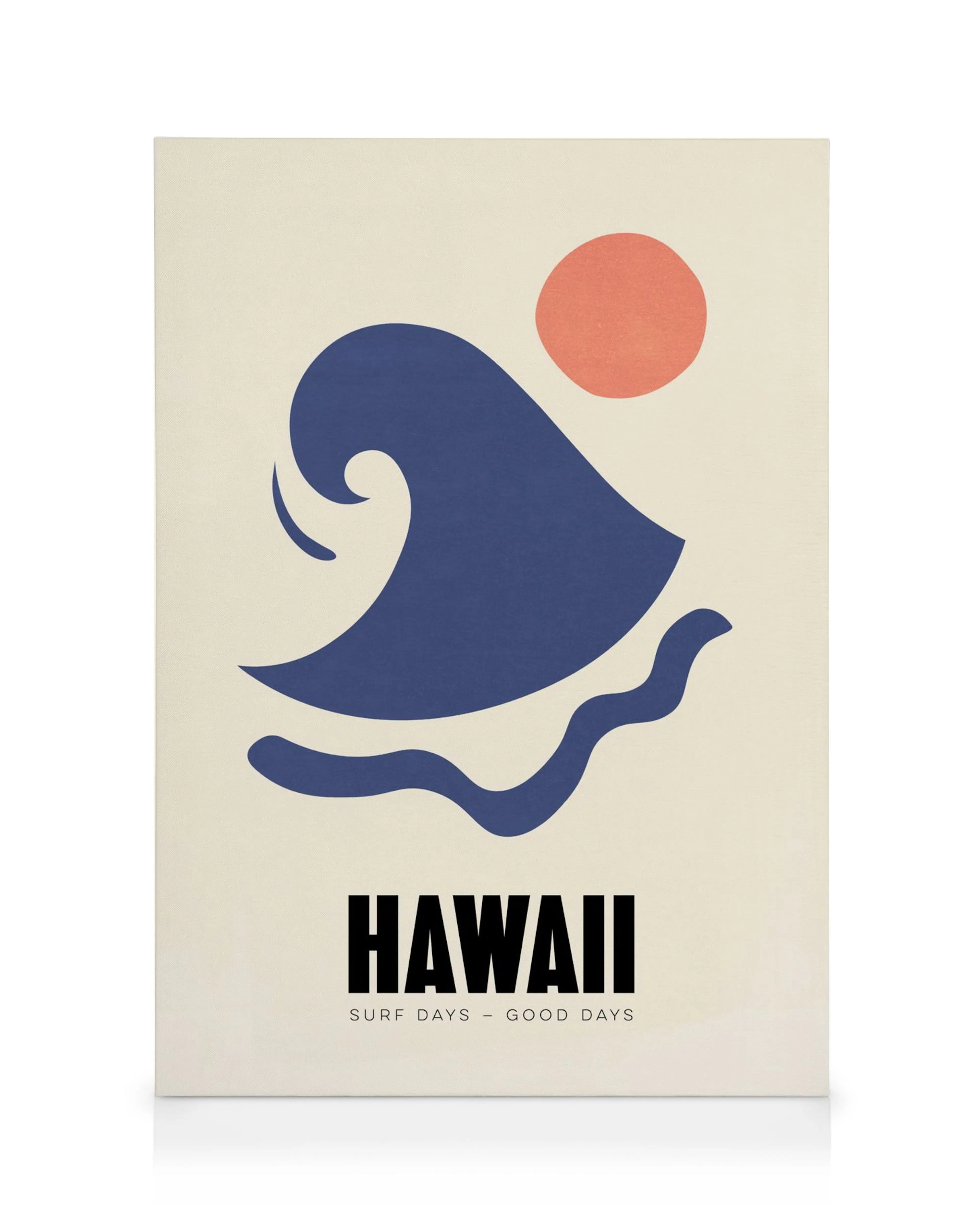 Hawaii Leinwandbild mit abstrakter, dunkelblauer Welle und roter Sonne auf beigem Hintergrund. Minimalistisches Design.