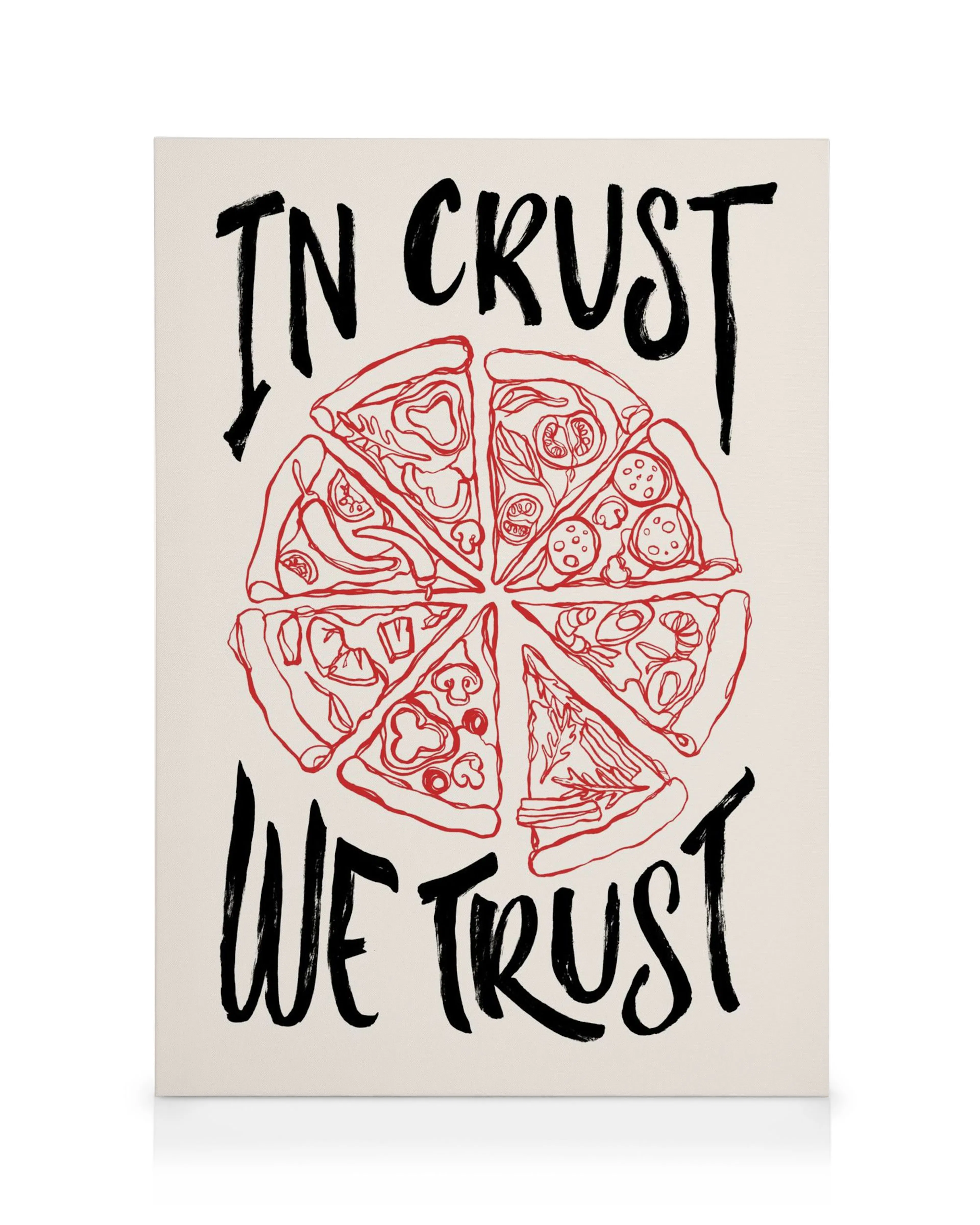 Stampa su tela con illustrazione di pizza divisa in spicchi, condita con peperoni e funghi, su sfondo beige e testo nero In Crus