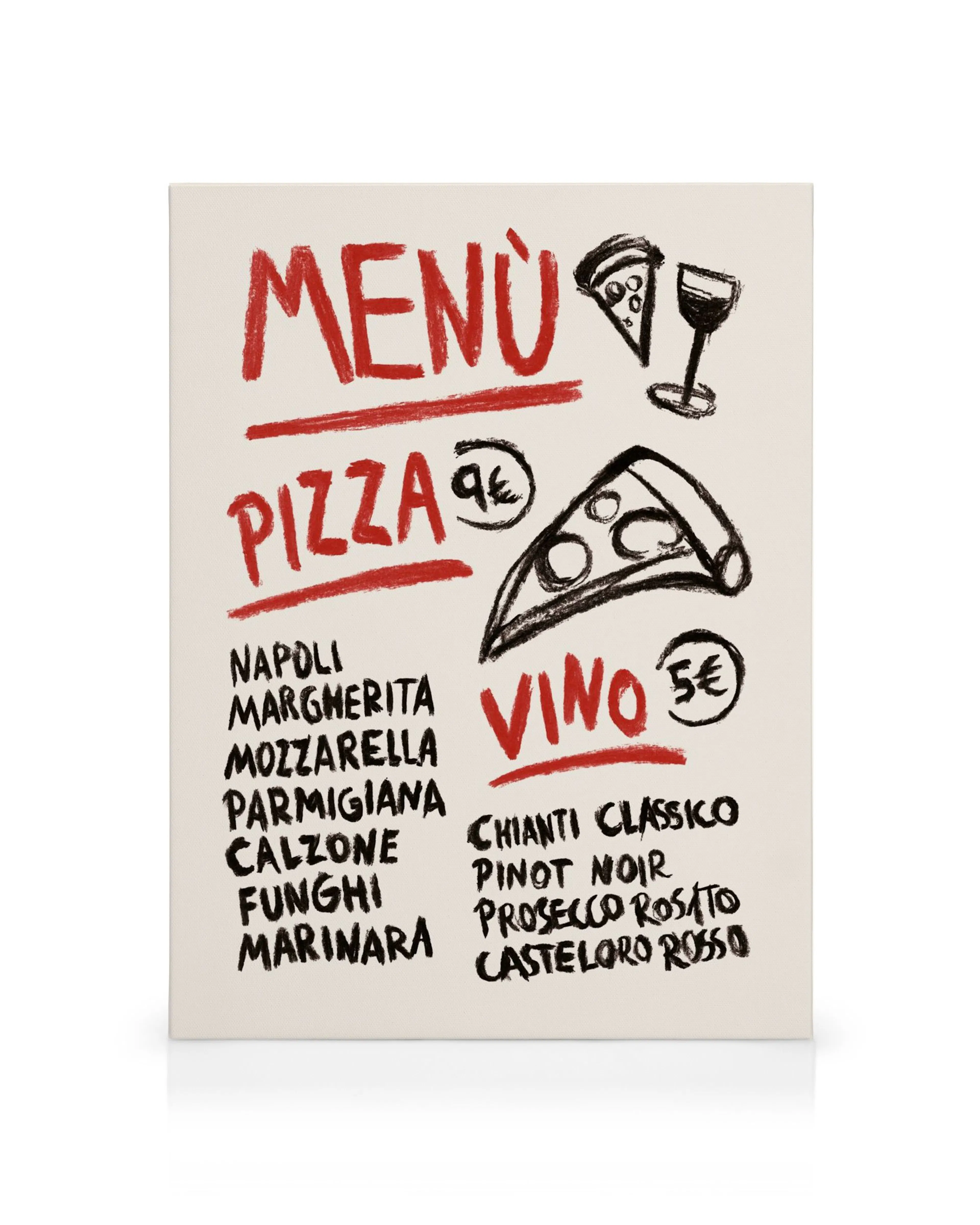 Leinwandbild mit handgezeichnetem Pizza- und Weinmenü in Rot und Schwarz auf hellem Hintergrund, ideal für Küchen.