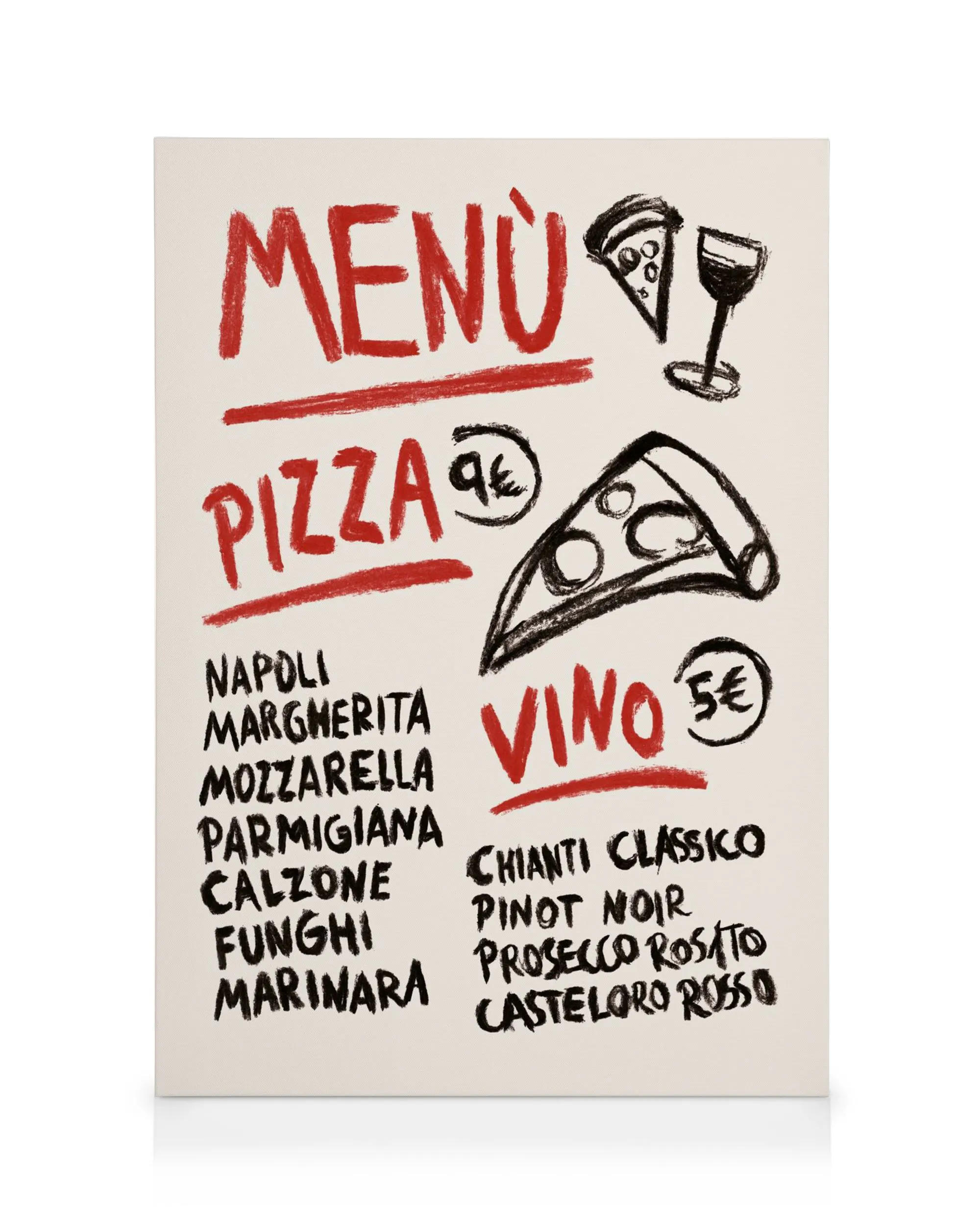 Stampa su tela con menù pizza e vino in stile gessetto, con nomi di pizze e vini italiani, su sfondo chiaro.