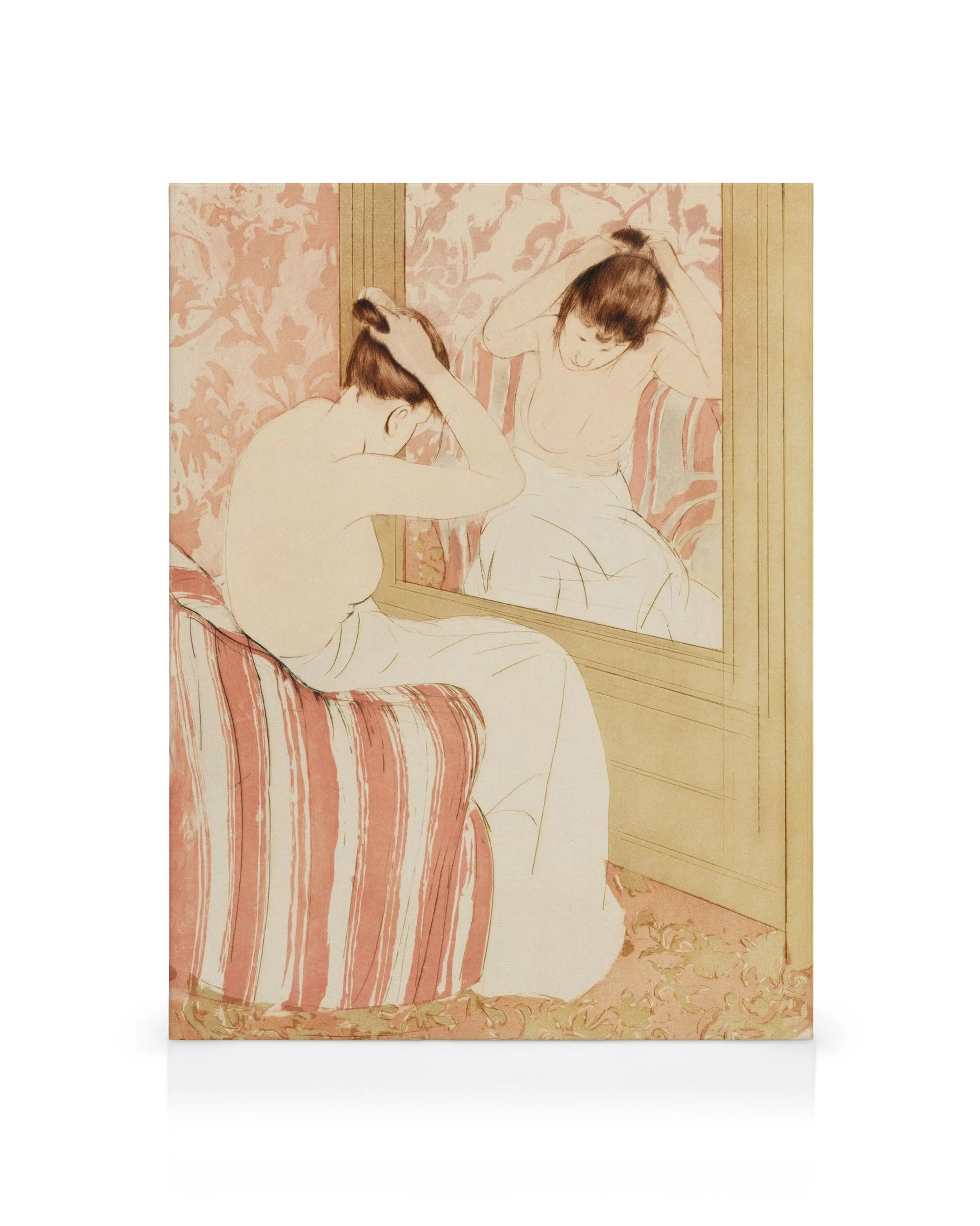 Stampa su tela The Coiffure di Mary Cassatt, donna che si acconcia i capelli davanti allo specchio, colori rosa e bianco.