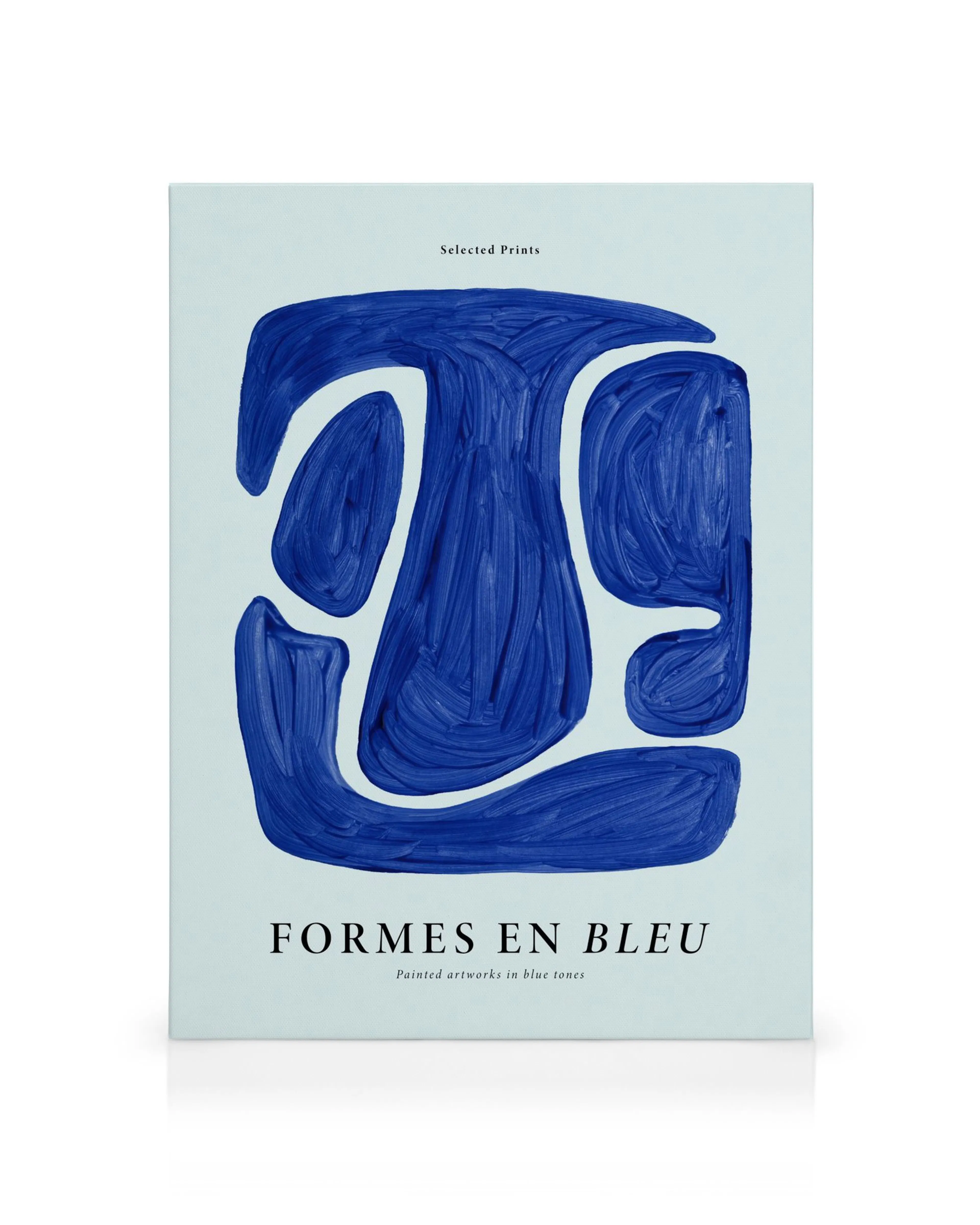 Tela abstrata Formes en Bleu No1 com pinceladas azuis escuras sobre fundo azul-claro, estilo gestual.