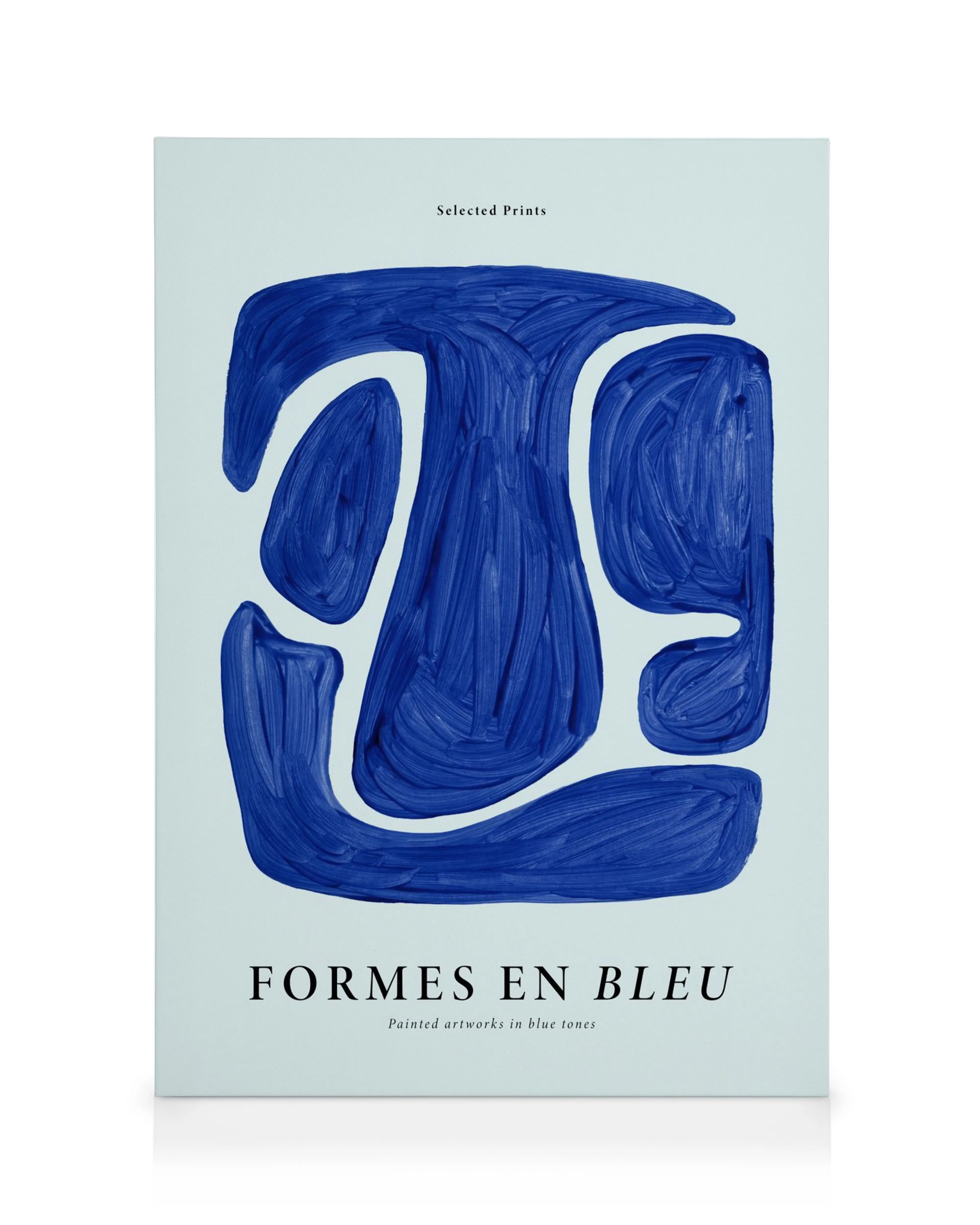 Formes en Bleu No1 canvas featuring bold blue brushstroke shapes on a light background, exuding abstract elegance.