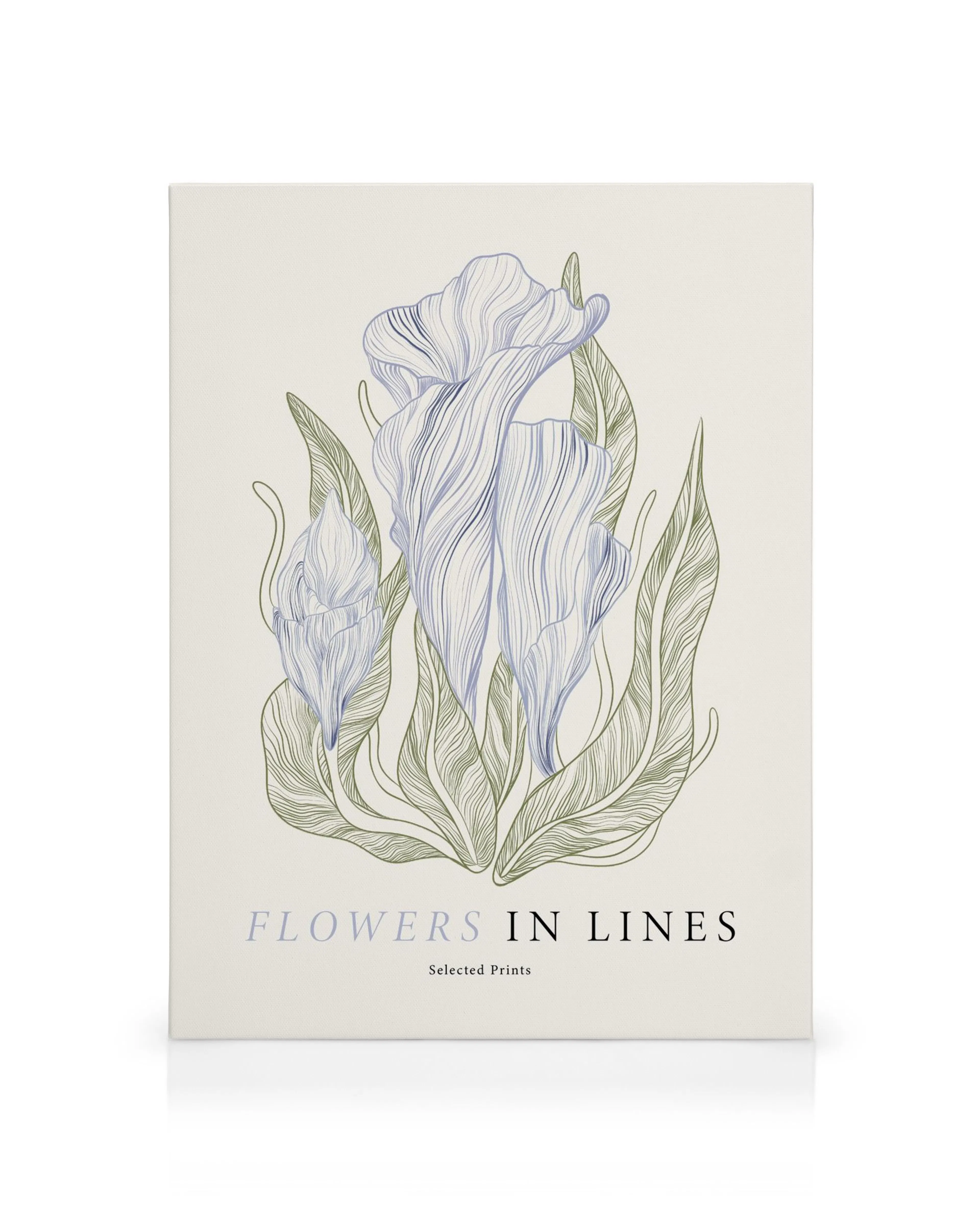 Canvas met drie blauw getekende bloemen en groene bladeren op een witte achtergrond, Flowers in Lines No1
