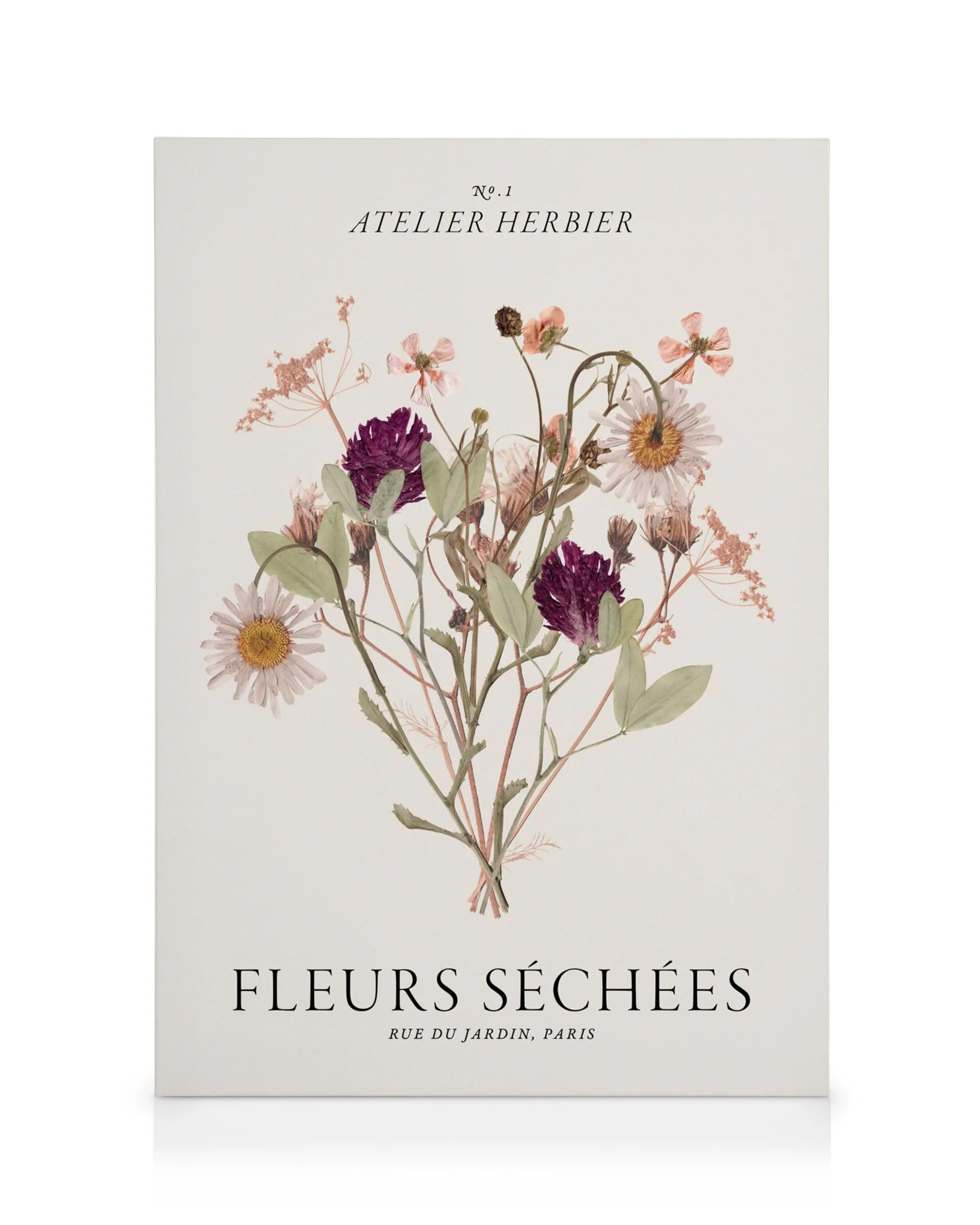 Leinwandbild mit getrockneten Blumen, darunter dunkelrote Klee und helle Gänseblümchen, auf beigem Hintergrund.