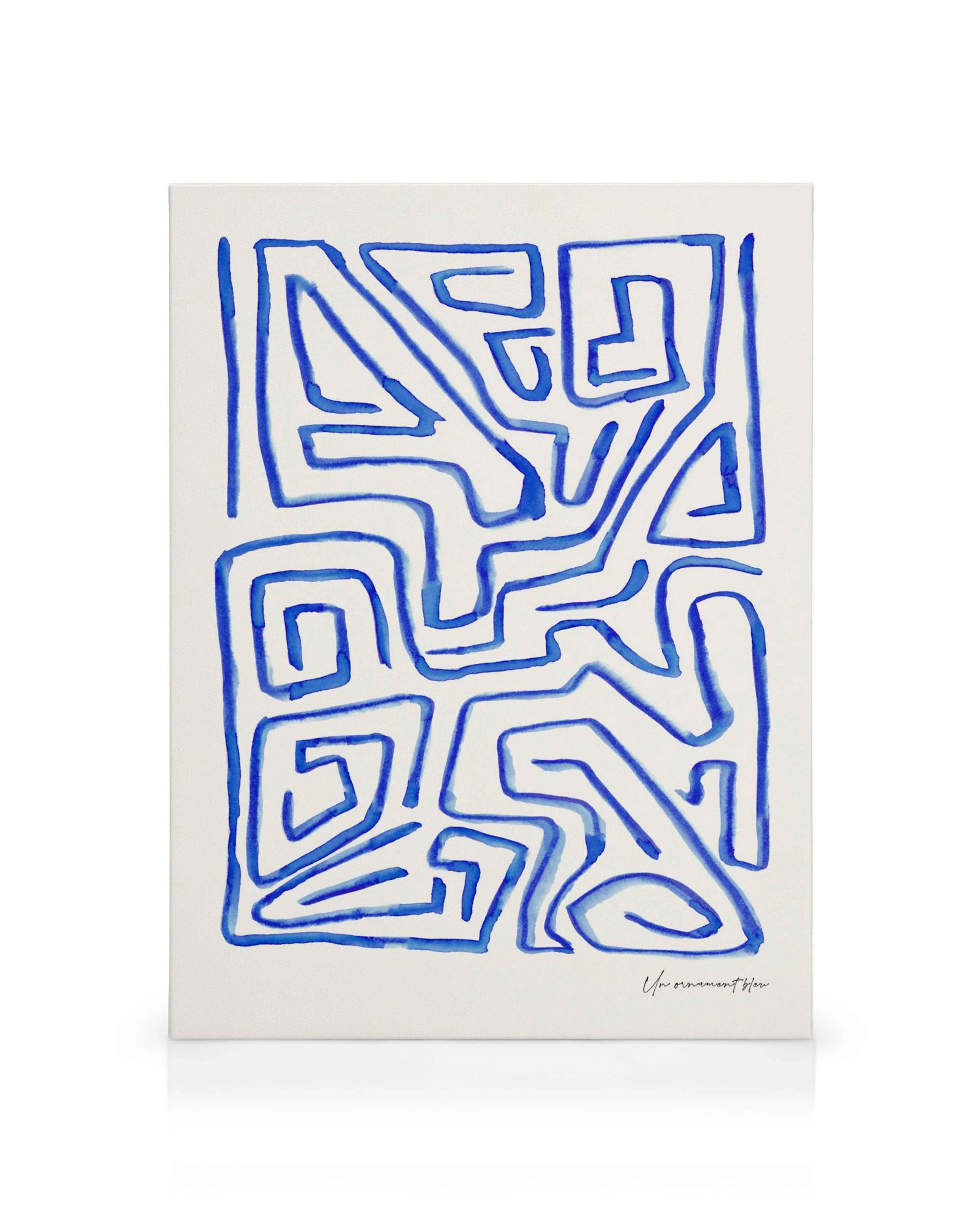 Un Ornament Bleu canvas print, abstract blue labyrinth pattern on white, modern wall art.