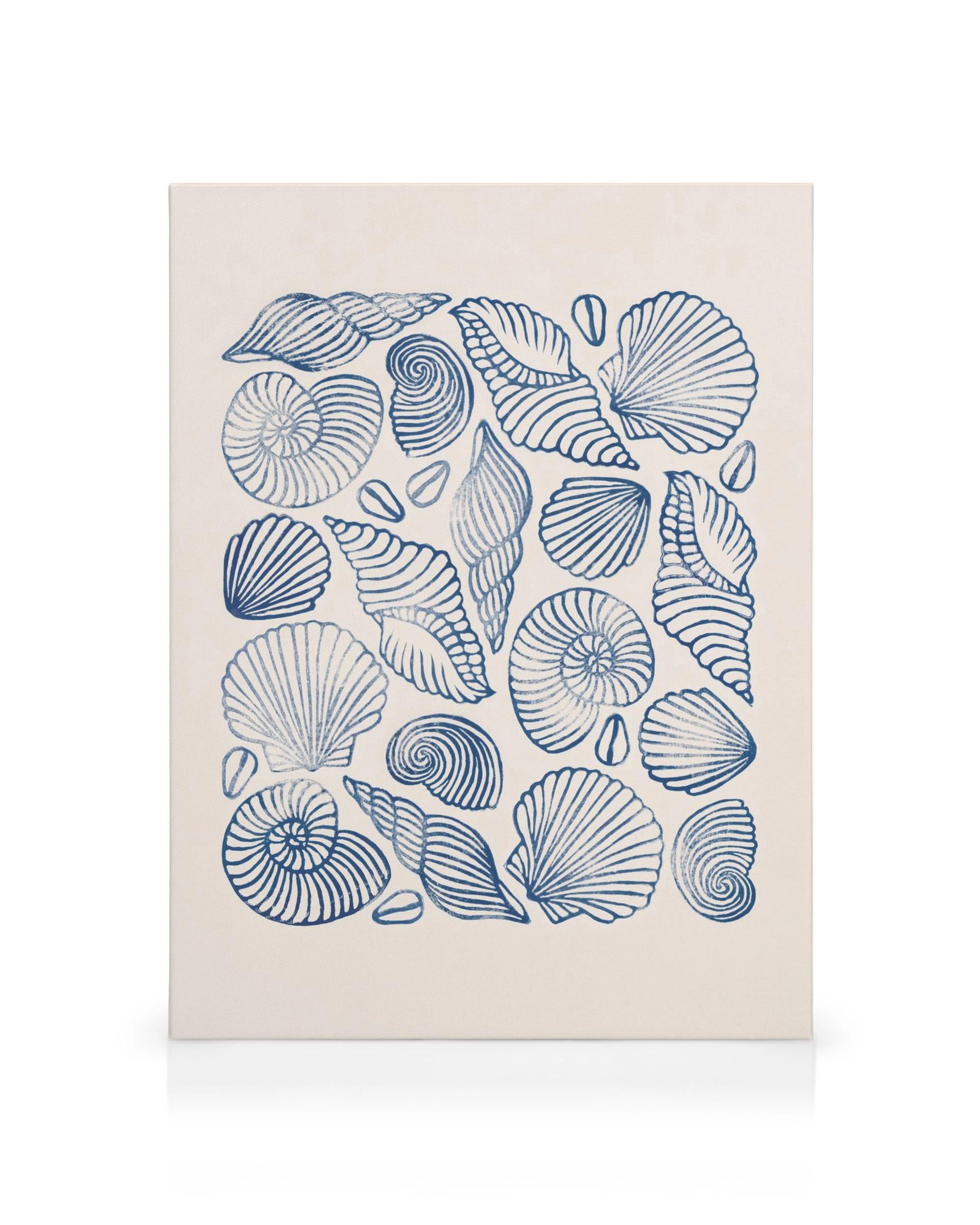 Toile avec illustrations de coquillages bleus et blancs, motifs variés