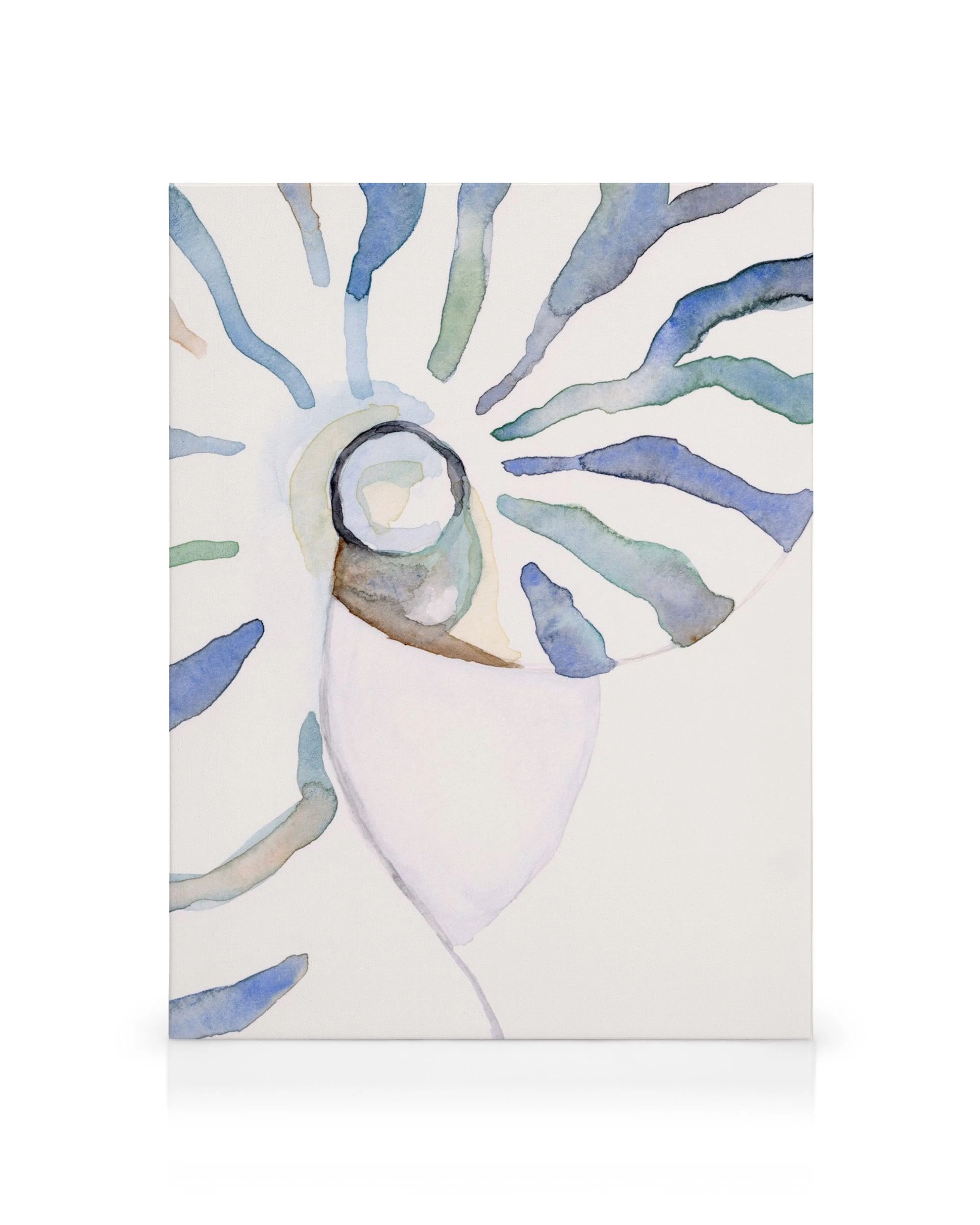 Abstract seashell canvas print with blue, green, and purple petals radiating from a white center.