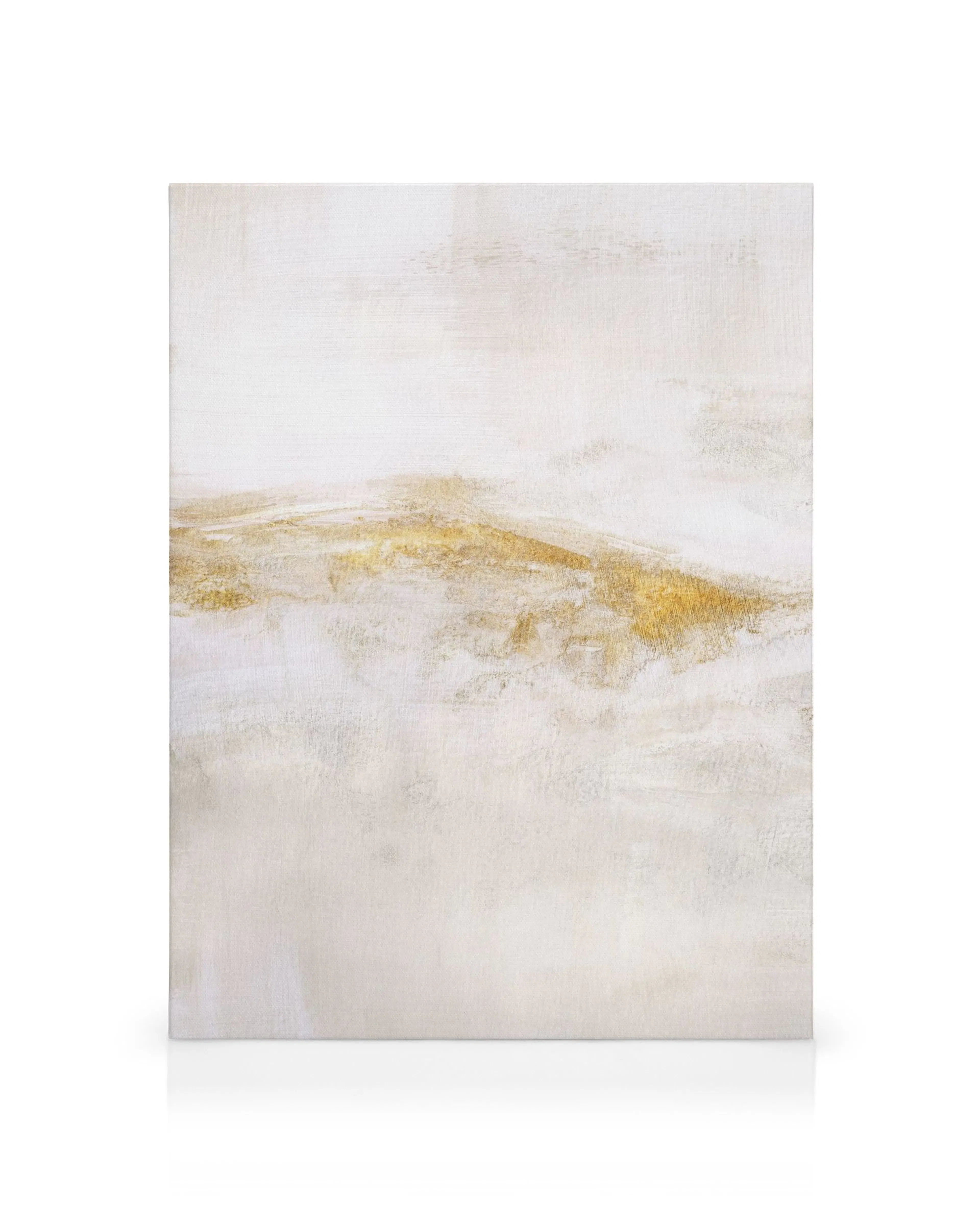 Abstraktes Landschaftsgemälde auf Leinwand in Weiß und Gold, mit sanften Pinselstrichen und Texturen, modernes Wandbild.