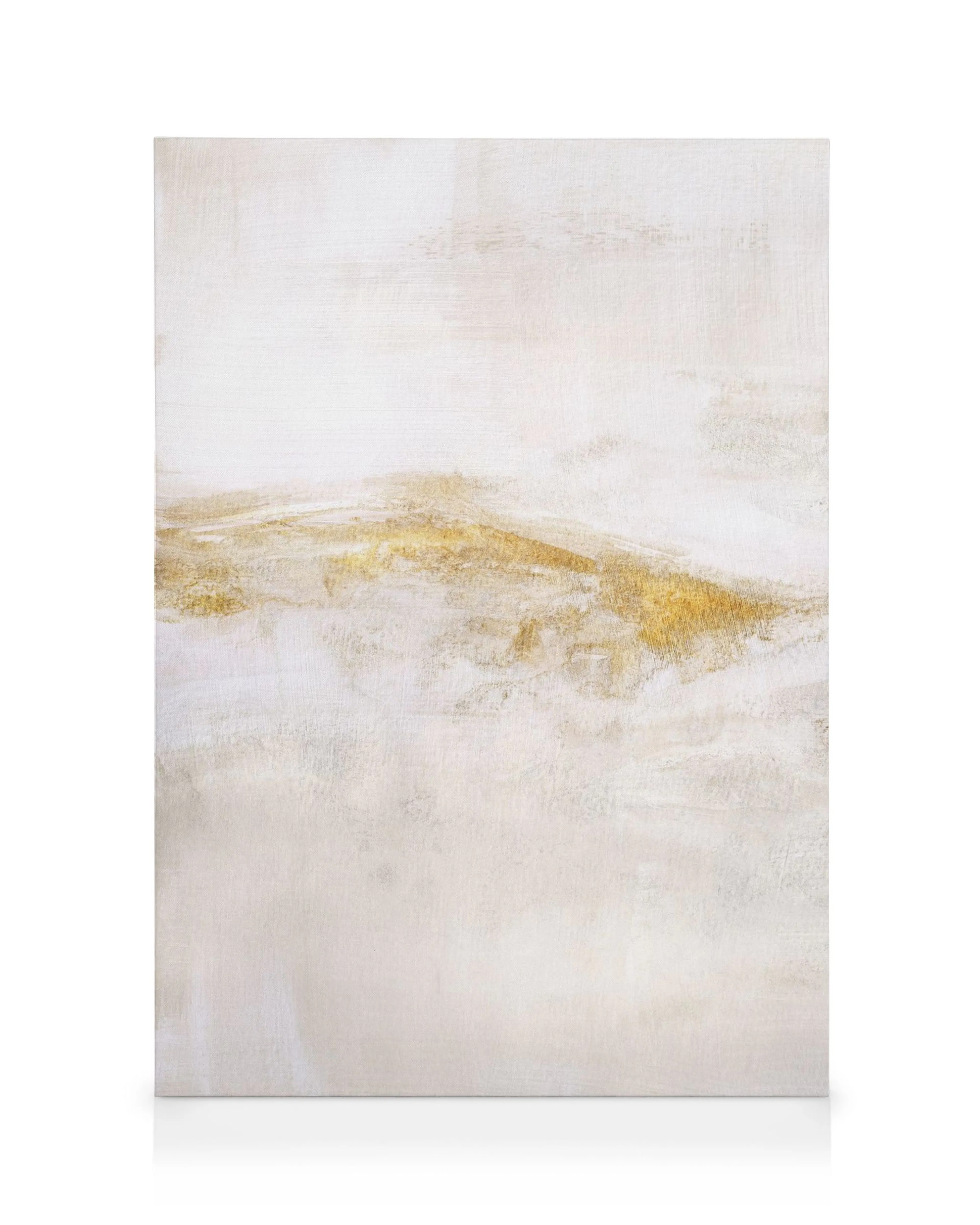 Abstraktes Wandbild mit strukturierten Pinselstrichen in Gold, Grau und Weiß, minimalistisches Design