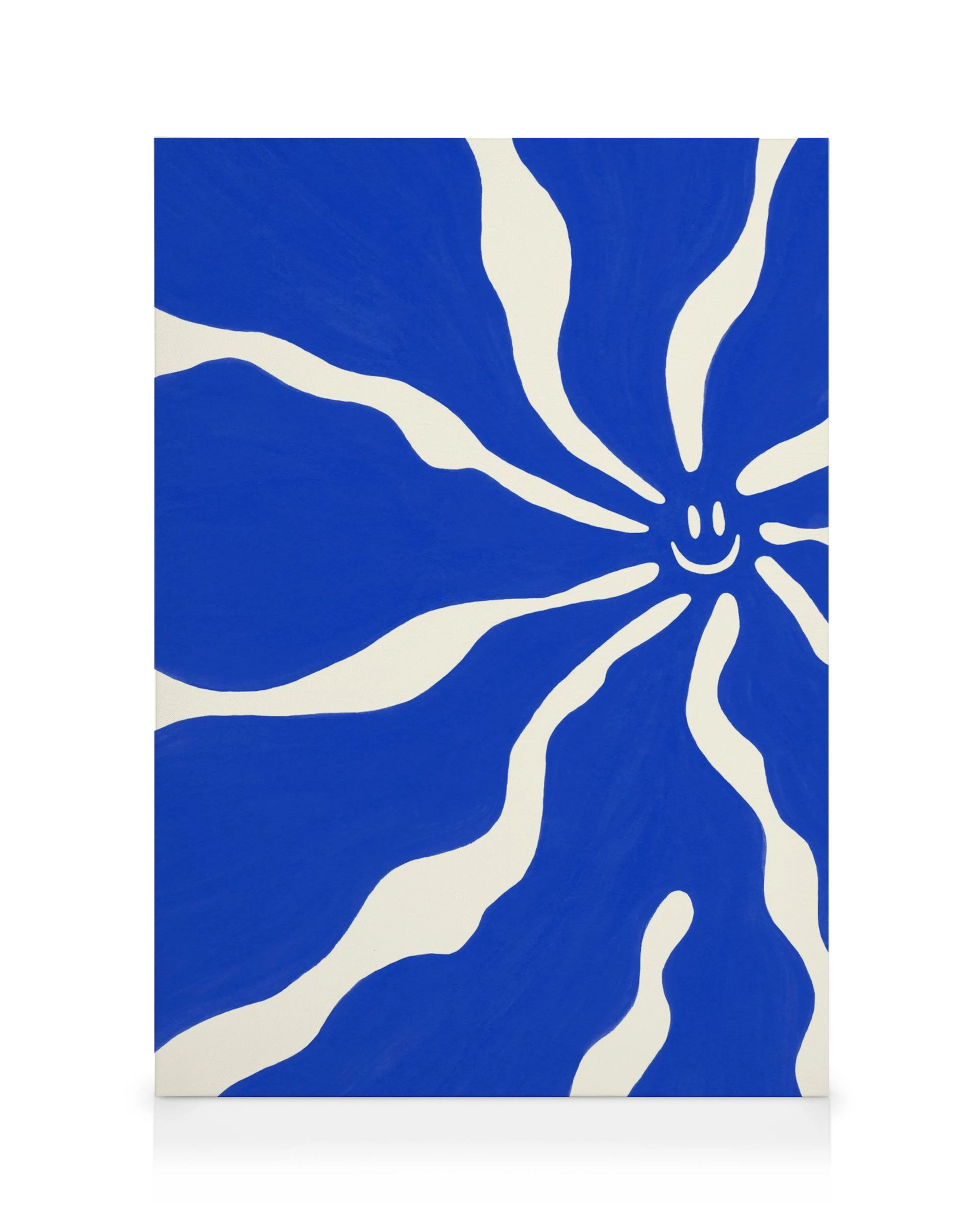 Blue canvas print with white curved rays and a happy smiling face in the center, modern wall art.