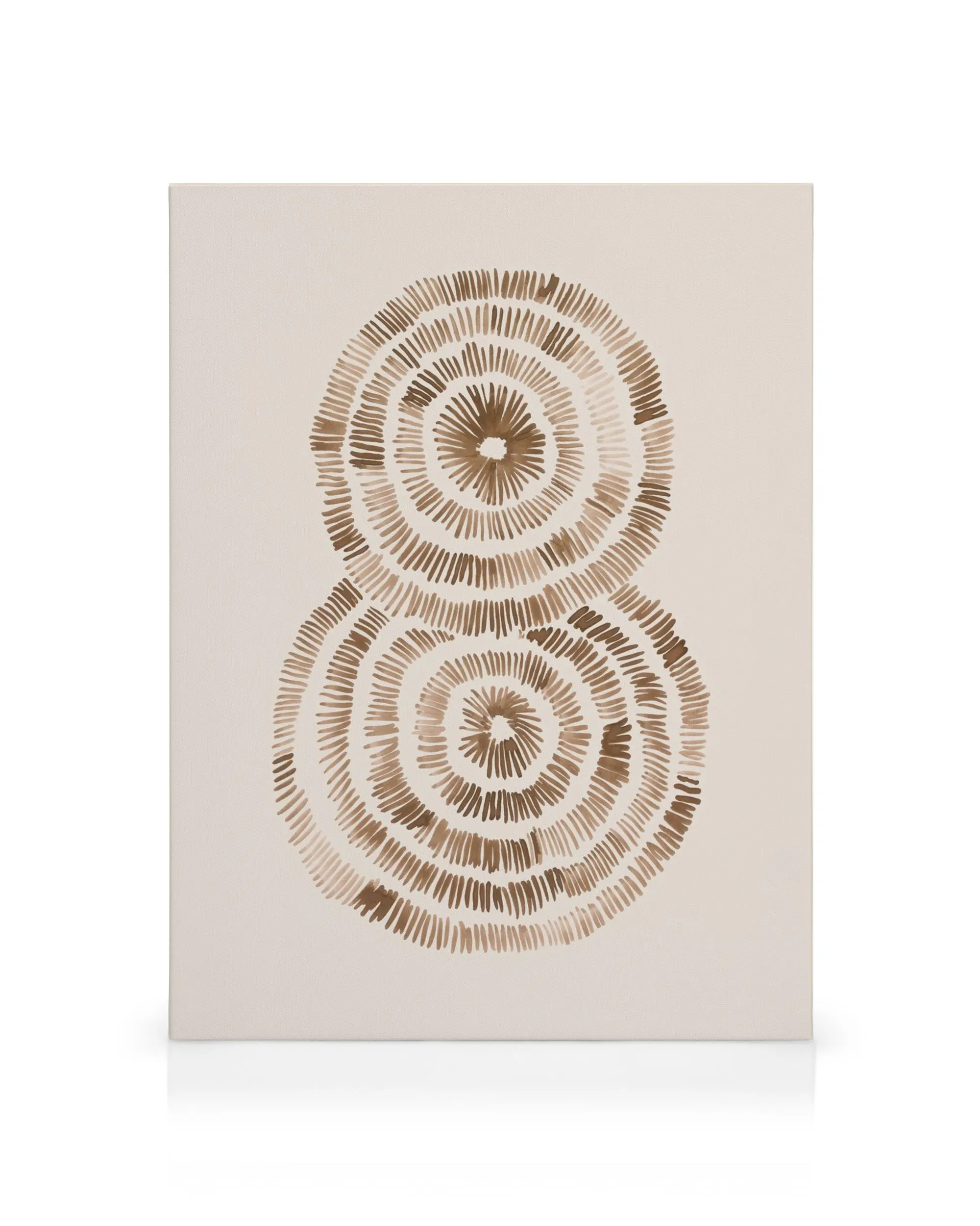 Tela com padrão abstrato de dois círculos concêntricos em tons marrons radiantes, arte de parede moderna.