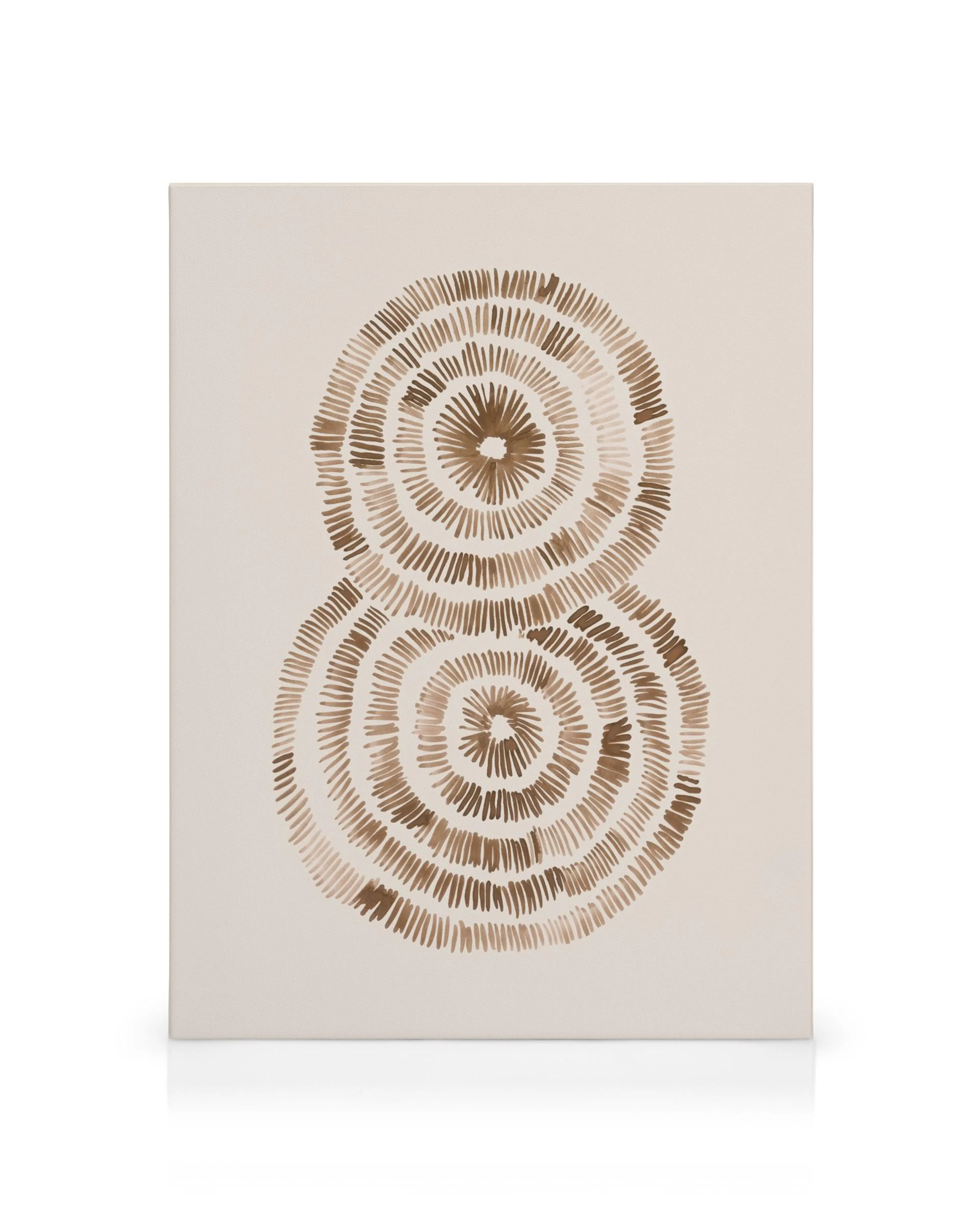 Toile abstraite avec deux cercles concentriques de lignes brunes rayonnantes
