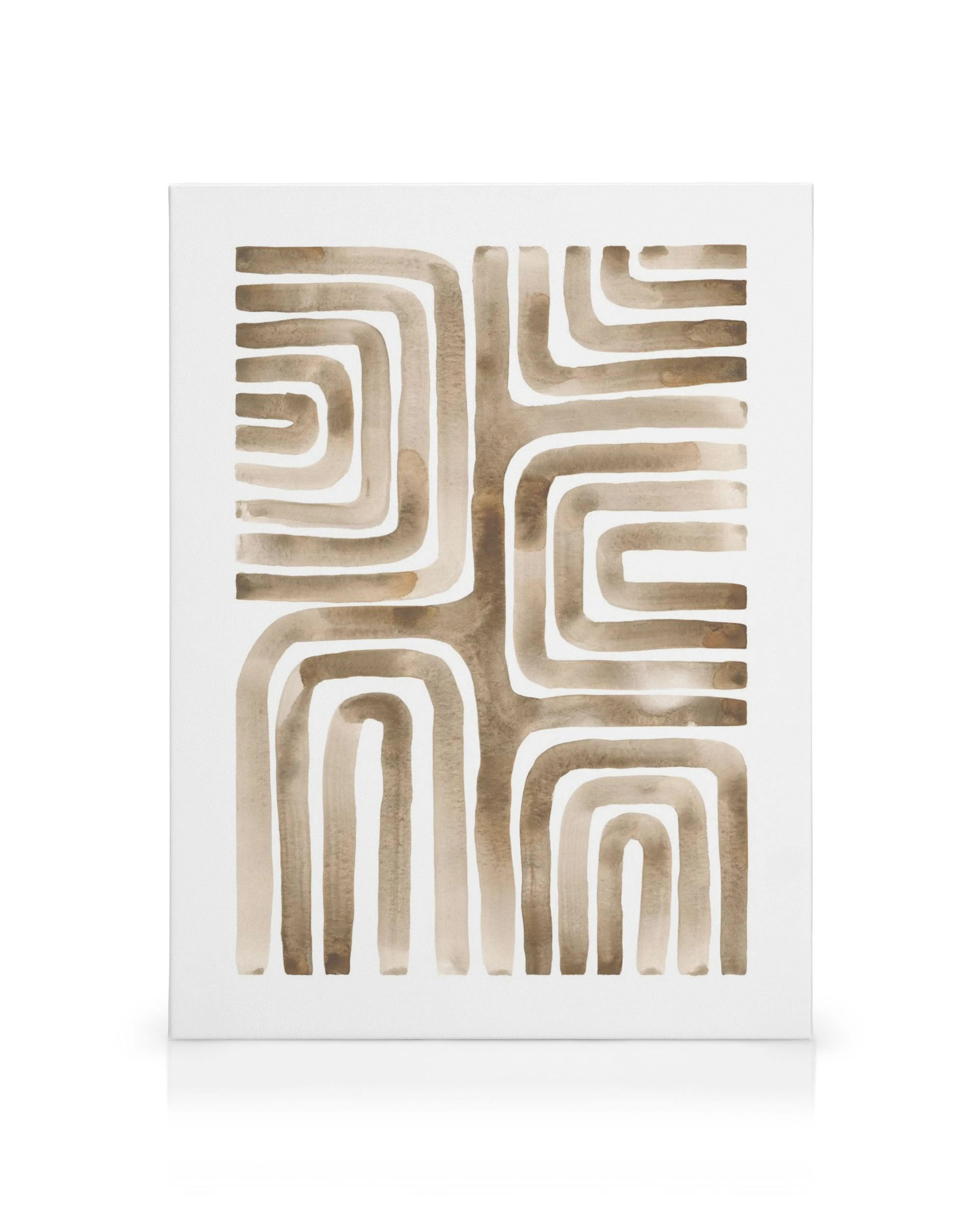Toile avec motif symétrique de lignes brun clair style labyrinthe sur fond blanc