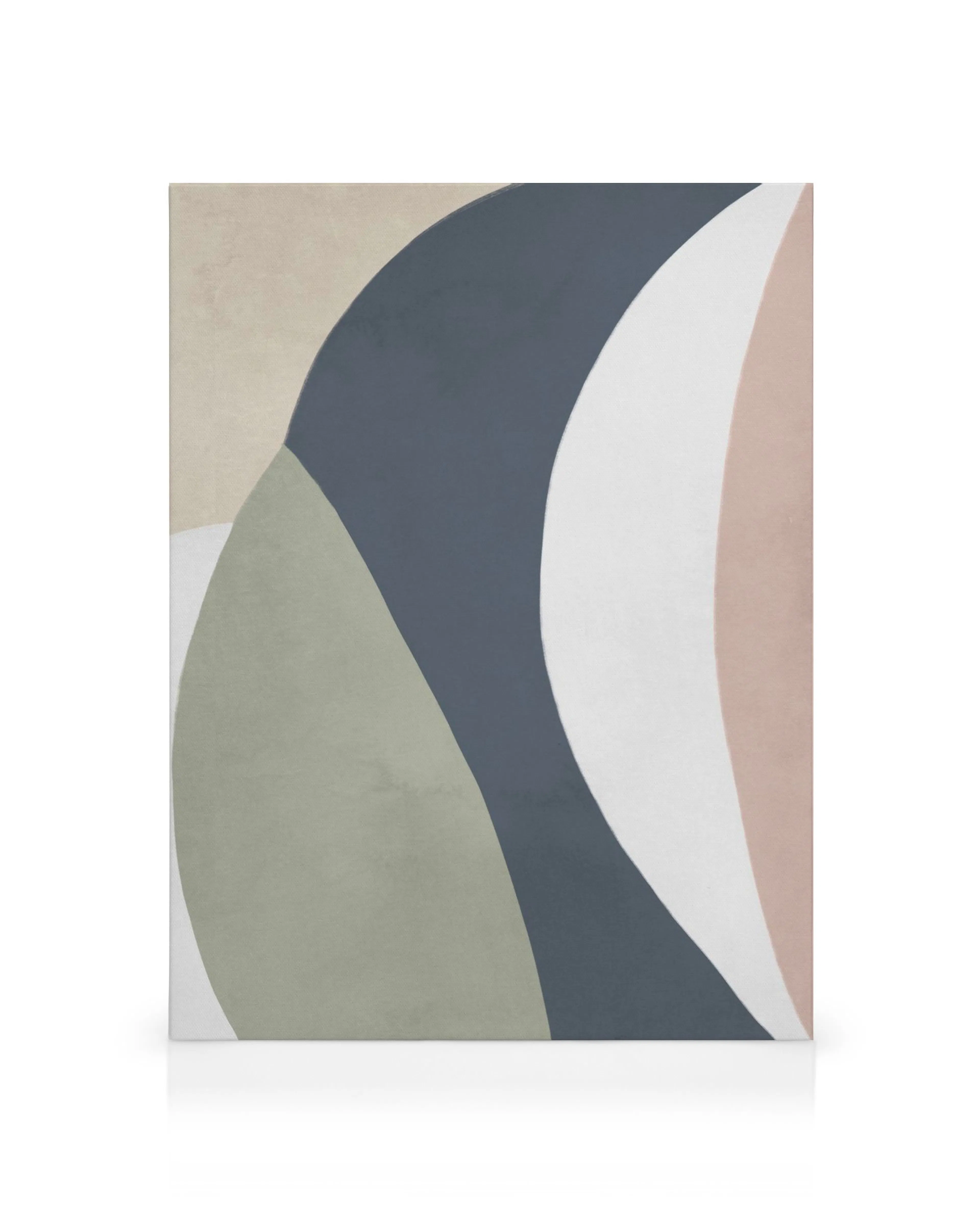 Abstract canvas print with overlapping curved shapes in beige, navy blue, green, white, and pink.