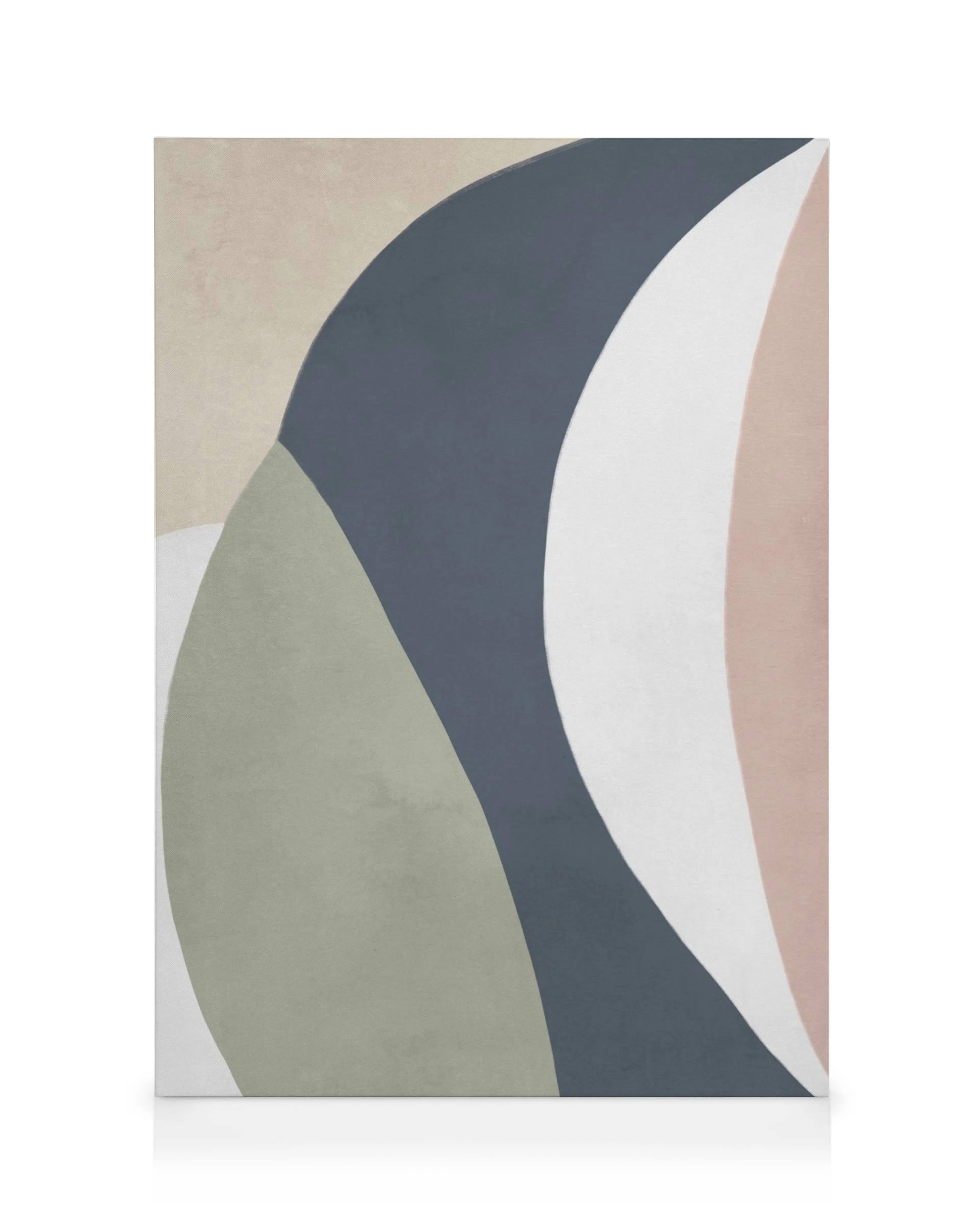 Abstrakte Leinwandkunst mit geschwungenen Formen in Beige, Marineblau, Grün, Weiß und Rosa. Modernes Kunstwerk.