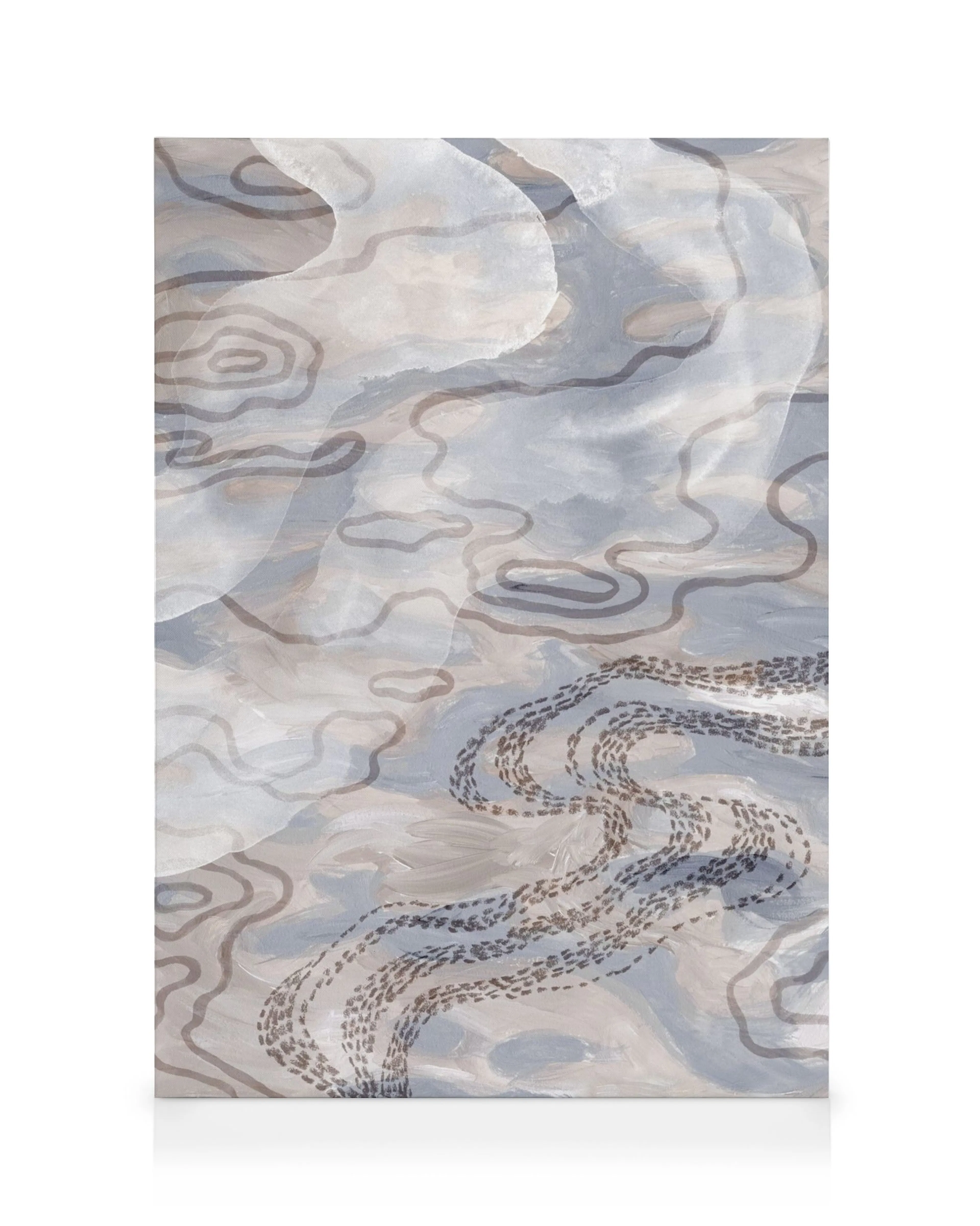 Toile abstraite beige avec motifs ondulés bleus, gris et marron, incluant des lignes et des points